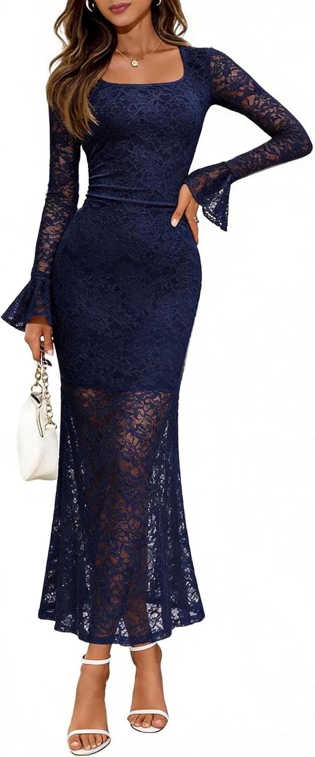GERT COREL Elegant Women's 2025 Bell Long Sleeve Lace Maxi Dress Sexy Square Neck Fall Bodycon Mesh Wedding Guest Cocktail