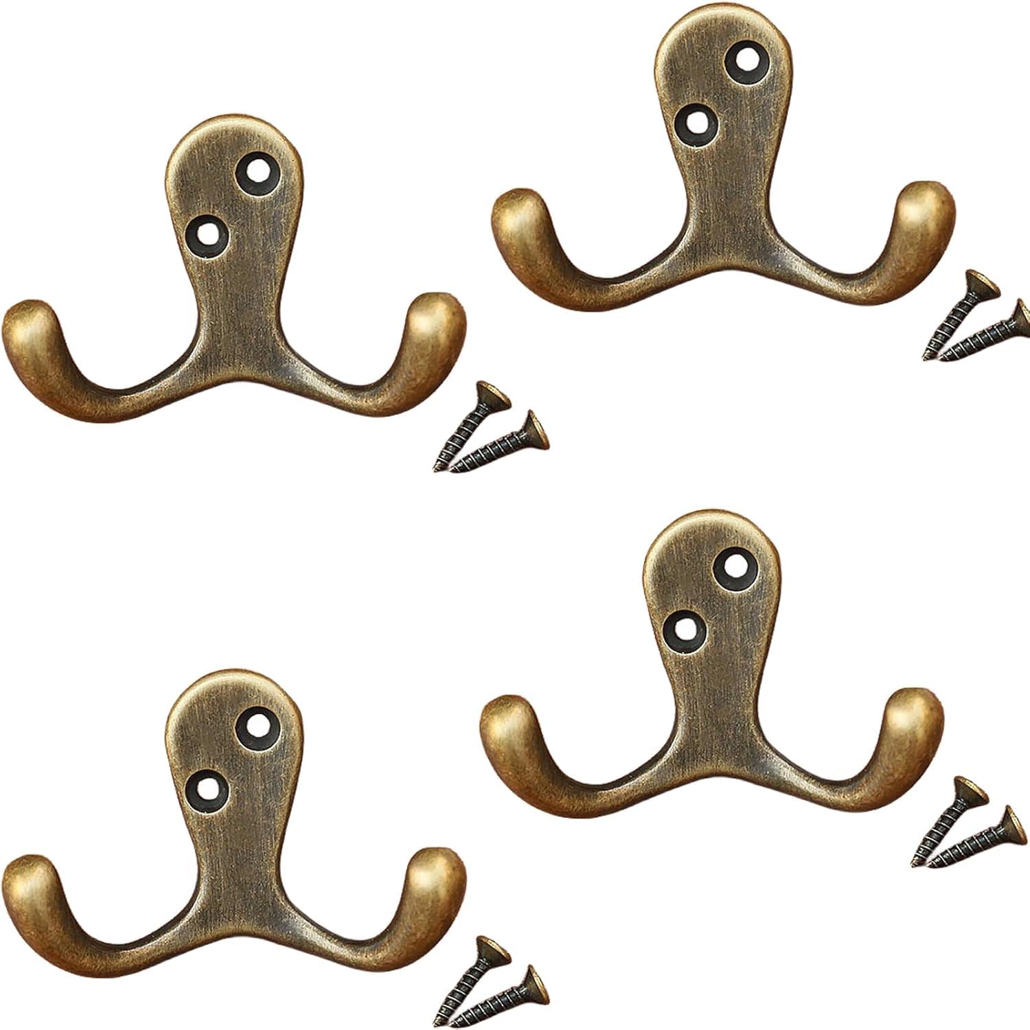 Paqwtyb Double Hook Bronze 4 Pack Hooks, Heavy Duty Vintage Pure Copper Hanger Hook 4 Pack