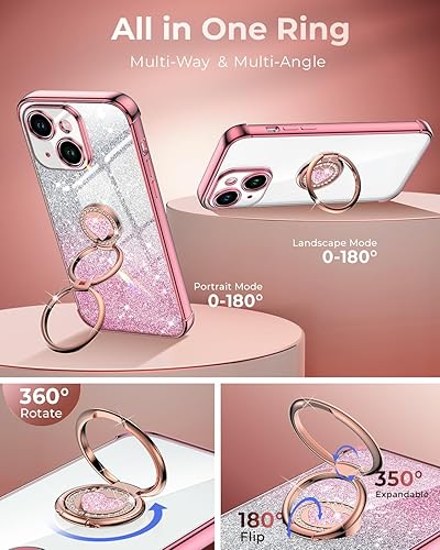 Miniatura 3 de XYZ Funda para iPhone 14 con soporte, funda para teléfono con soporte de doble anillo, para mujeres y niñas, funda transparente con purpurina de