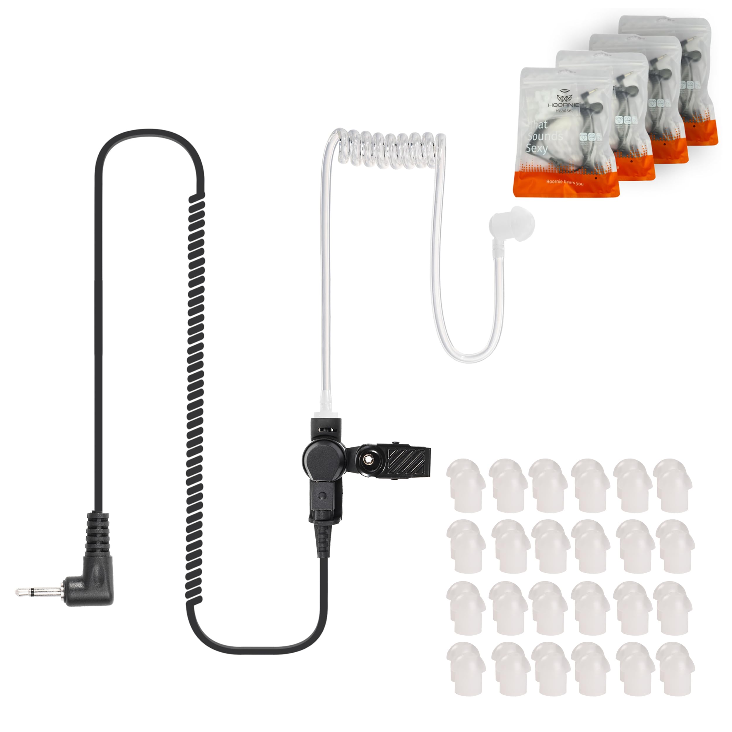Auricolari (confezione da 4) con jack da 3,5 mm – trasparente con clip di fissaggio e 10 tappi per le orecchie gratuiti – Cuffie per radio