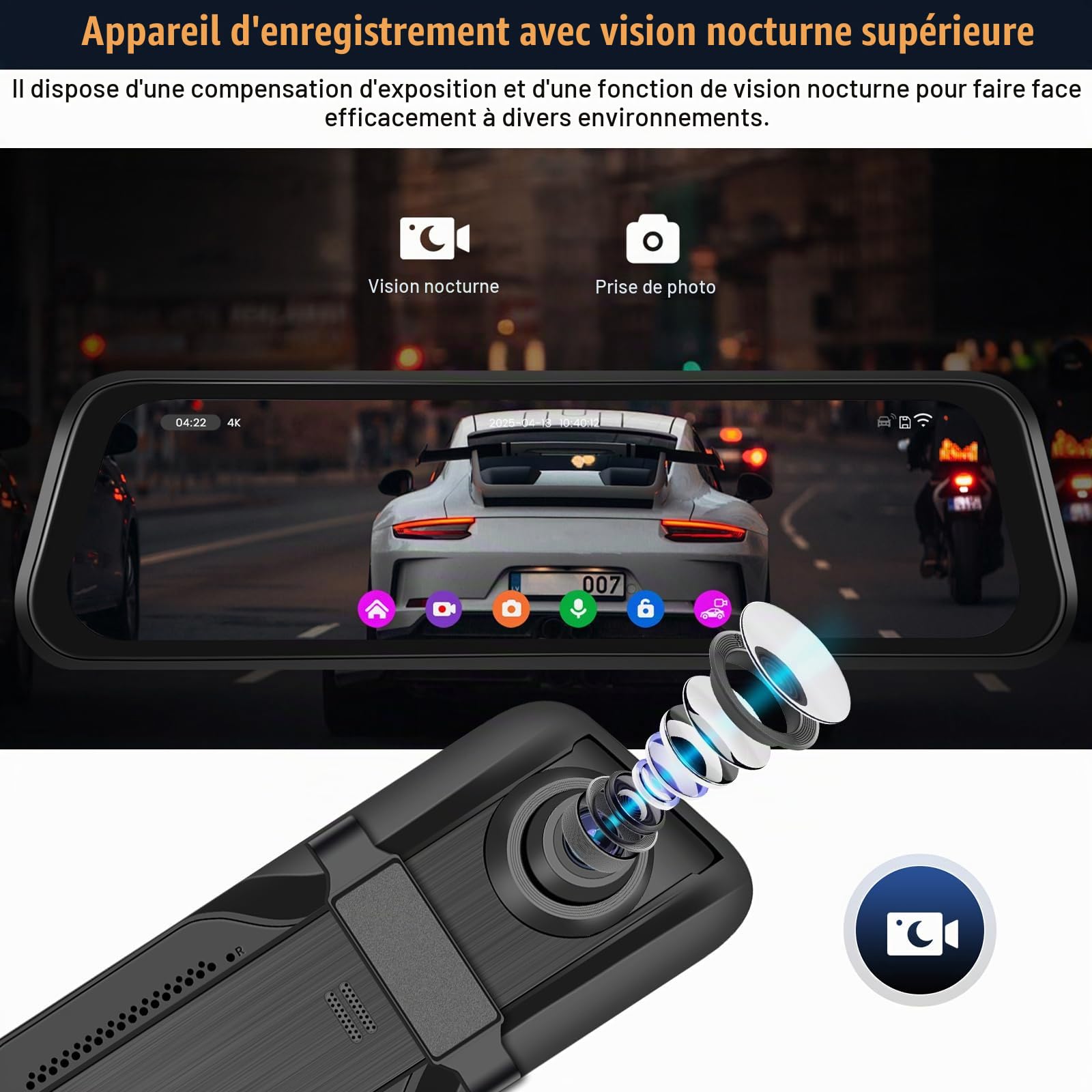 CAMECHO 4K Retrovisor 9. 66 Pouces Mirror Dash CAM Coche Con Cámara 1080P, Delantera 150° y Trasera Dashcam 120° Con ADAS y BSD Línea Inversa, Visión Nocturna, Sensor G, GPS y WiFi