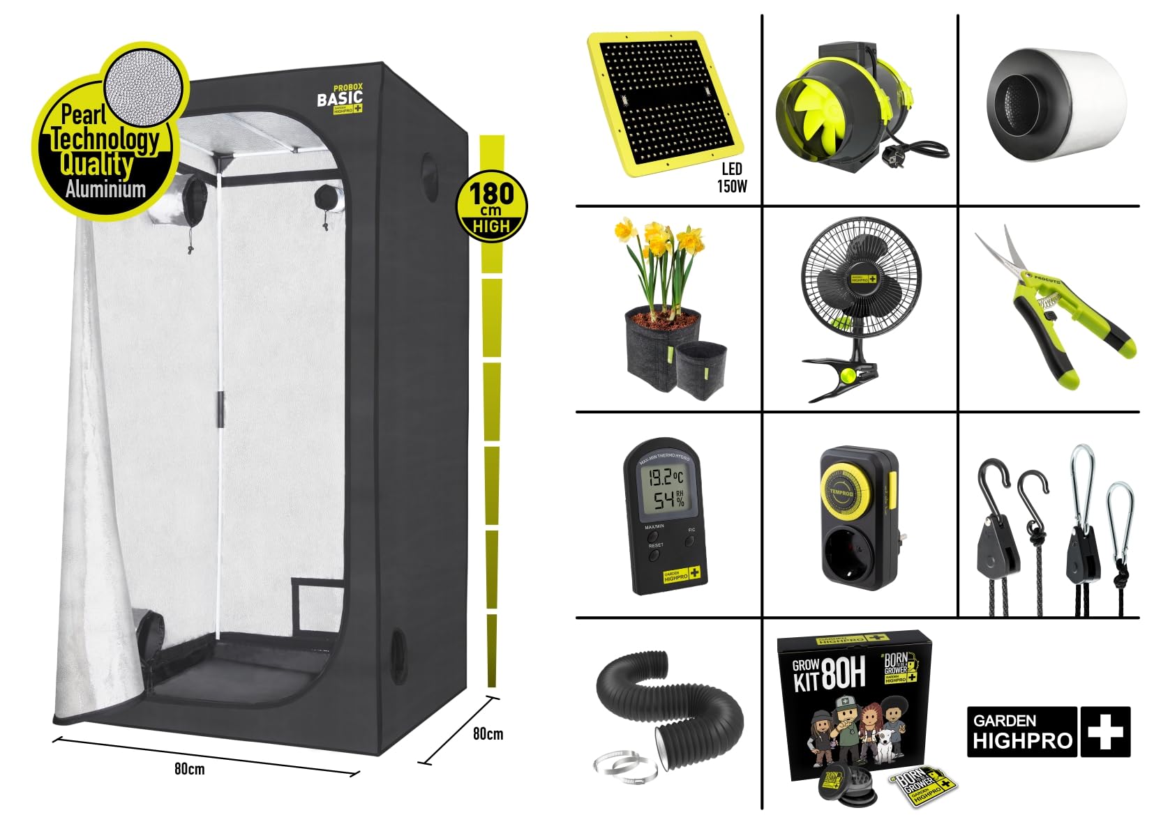 GARDEN HIGHPRO GROWKIT 80H | Grow Kit | Kit Cultivo | Armario Cultivo Indoor | Extractor 125mm | Filtro carbón | Ventilador 5W | Combiduct | Tijeras