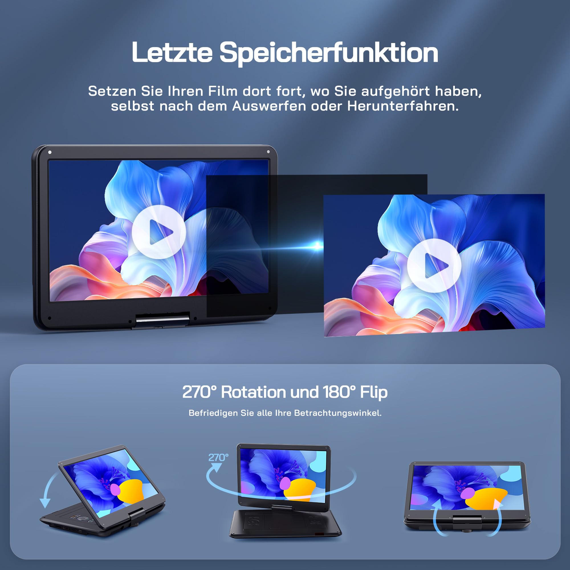 WOLFANG 17,5 Zoll Aufladbarer Tragbarer DVD-Player, 15,6 Zoll HD Bildschirm, 6 Stunden Spielzeit, Sync TV/Beamer, USB/SD Kompatibel, Regionsfrei (Schwarz)