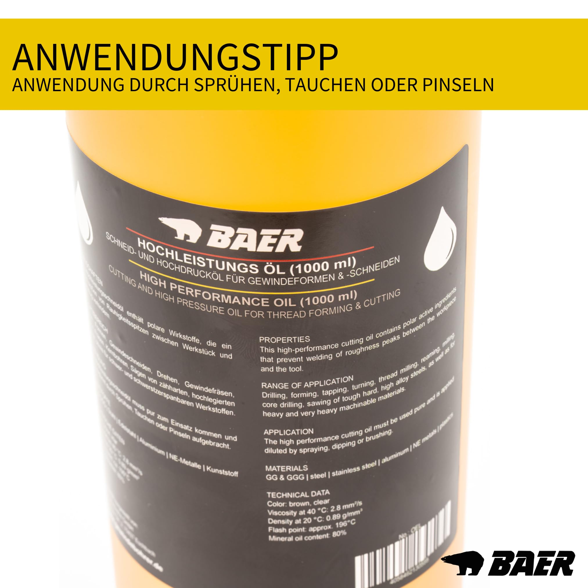 BAER Schneidöl 1000 ml – Hochleistungs Bohröl & Kühlschmierstoff für Gewindeschneider, Bohren, Fräsen & Gewindeformen – Schmiermittel für Metallbearbeitung & Profi-Einsatz