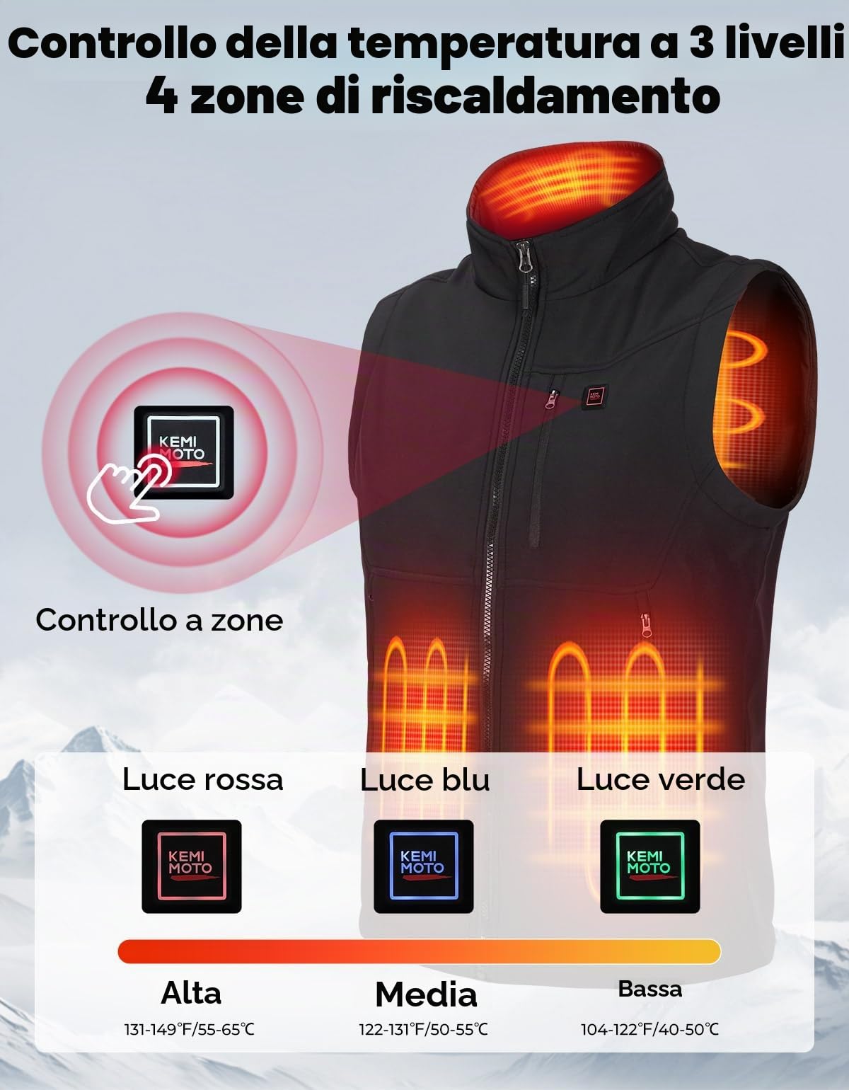 KEMIMOTO Gilet Riscaldato Uomo Donna, Antivento Gilet Riscaldato con Telecomando APP, Elettrico Giubbotti Riscaldati con Batteria da 10000 mAh per Sci Escursionismo Caccia Pesca Motociclismo