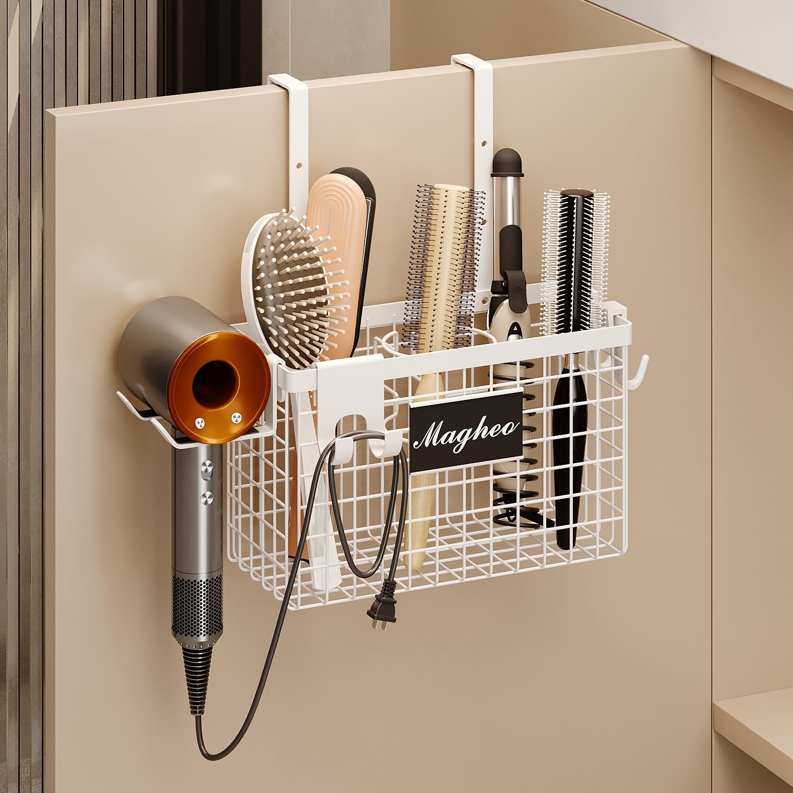 Magheo Hair Dryer Holder Cabinet Door 3-in-1 Adhesive Hair Tool Organizer Wall Mounted Adjustable Height Blow Dryer Holder Under Sink Bathroom Hair Appliance Organizer and Storage Countertop(White)