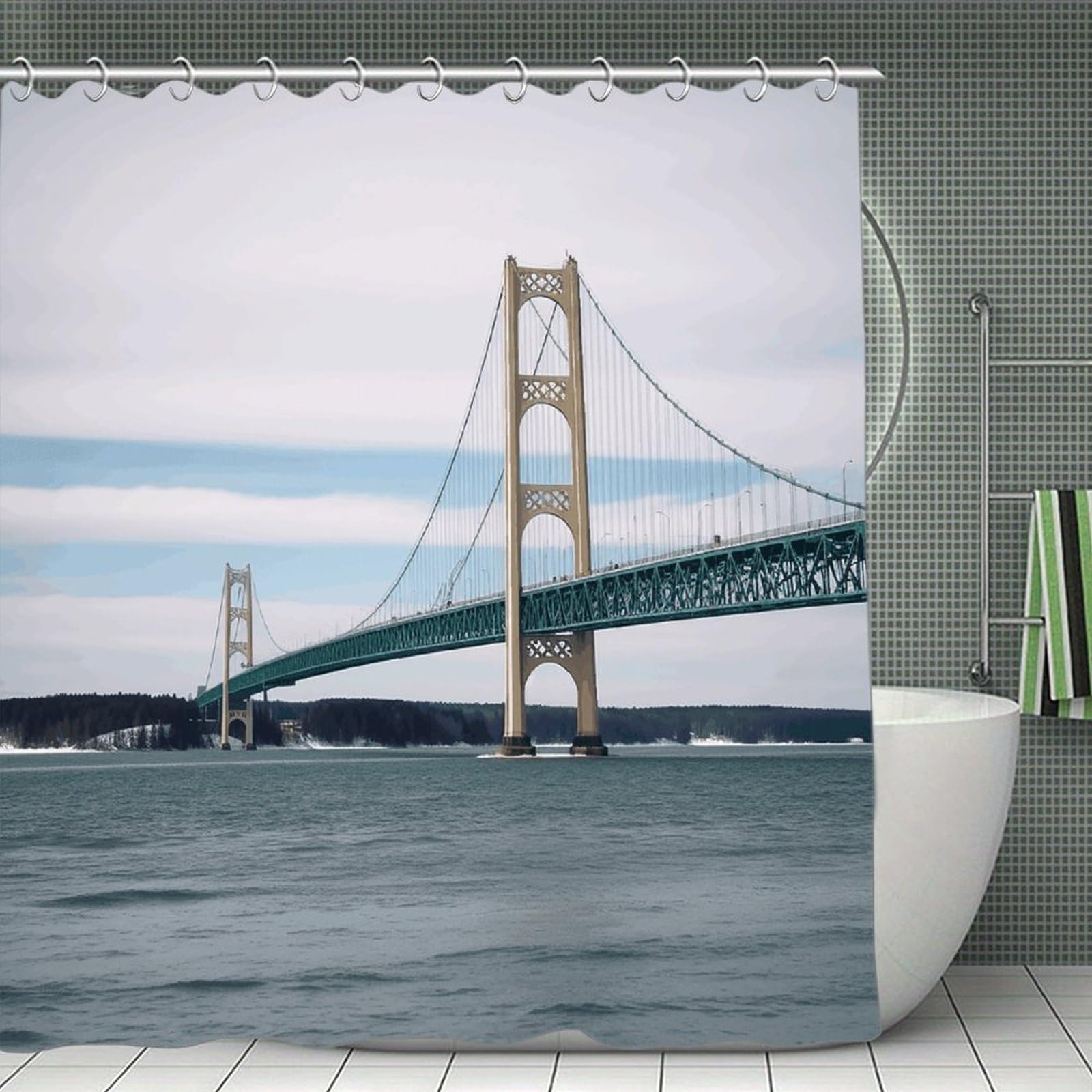 VstaDank Mackinac Suspension Bridge Shower Curtain Waterproof Bathroom Curtain with Hooks Luxury Weighted Bath Curtains for Bathtubs Showers Room Dividers Decorative Shower Curtains 71x71 in