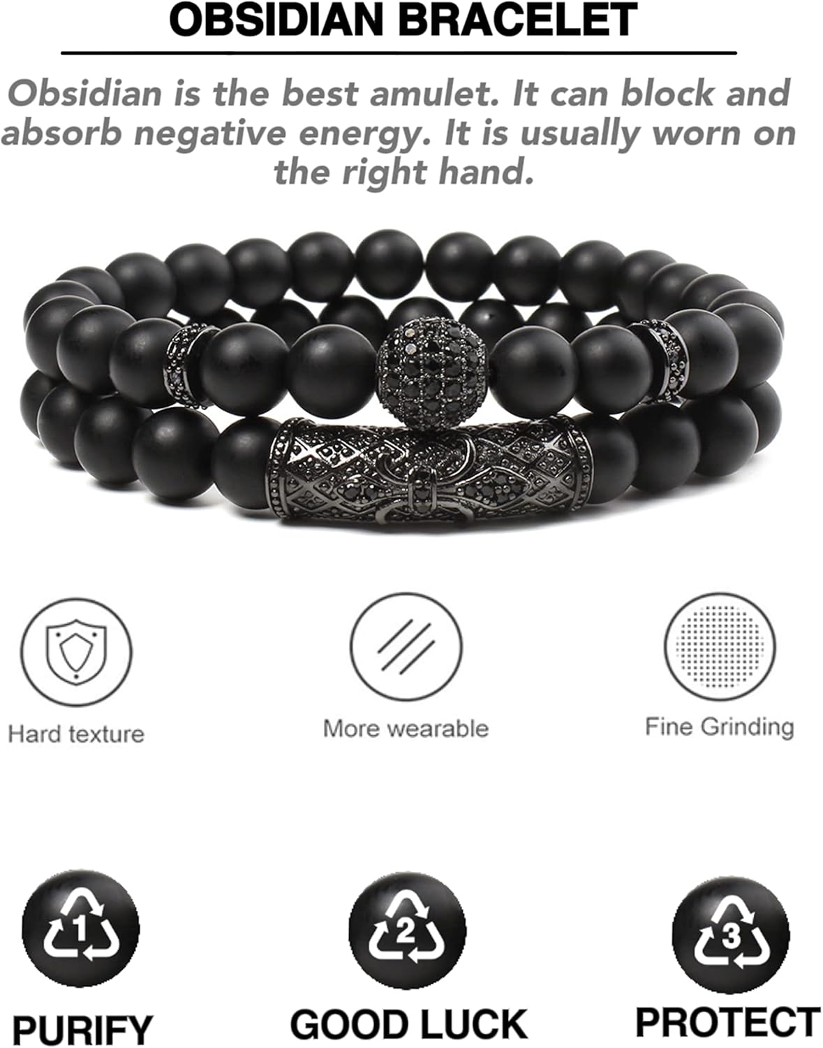 2Pcs Healing Crystal Beaded Bracelet for Men Women Handmade 8MM Beads Stretch Bracelet Protection Bracelets Bring Good Luck Prosperity and Happiness Gifts for Men Women - Image 3