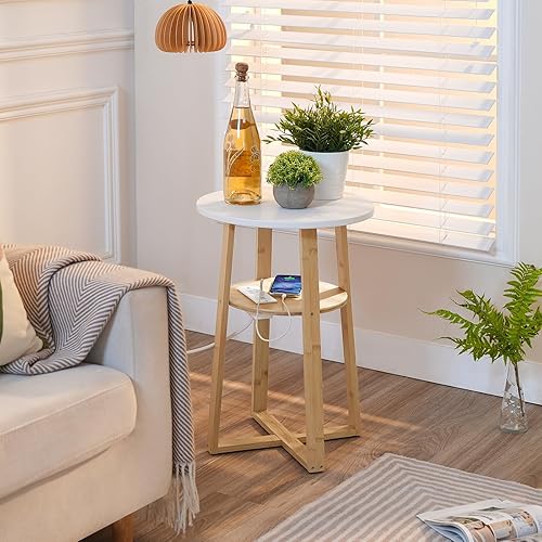 Miniatura 4 de HOOBRO Mesa auxiliar redonda con estación de carga, mesa auxiliar redonda con patas de bambú para sala de estar, dormitorio, blanco y natural