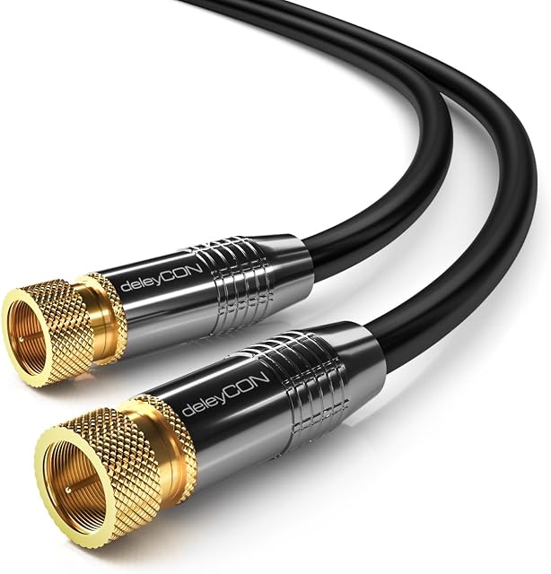 deleyCON 1m (3.29 ft.) SAT Antenna Cable HD Satellite Cable Coaxial Cable for DVB-S/S2 4K Ultra-HD 1080p Full-HD HDTV 2x F Connector Metal Connector - Black