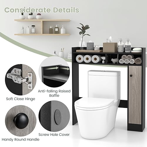 Miniatura 6 de Giantex Gabinete de almacenamiento sobre el inodoro, organizador de baño independiente con gabinete de una sola puerta y estantes abiertos, estante
