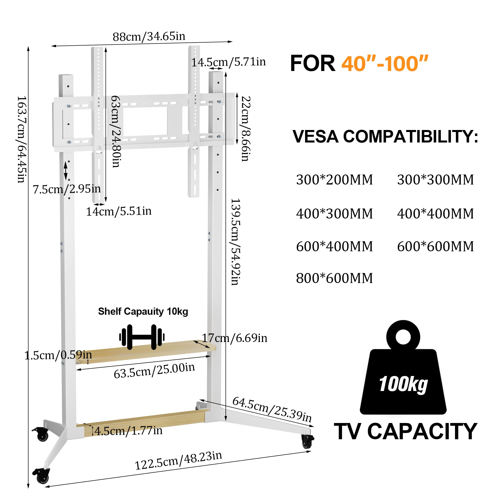 UNHO Soporte de TV con Ruedas Móvil : Soporte de Pie para LCD/LED para Televisiones 40-100 Pulgadas, Ajustable en Altura, MAX VESA 800x600mm, con 4 Ruedas Bloqueables y Estante, Carga Máx 100kg