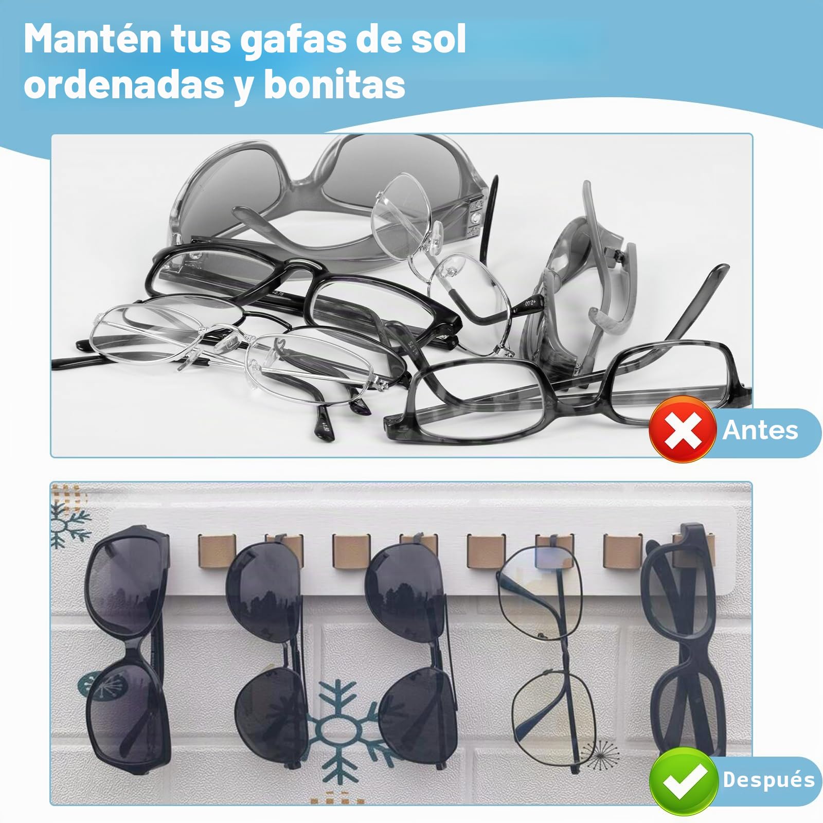 Organizador Gafas De Sol - Soporte Gafas madera 9 ganchos Expositor Gafas Pared,Porta Gafas, material de cuero PU, Decoración del hogar, (Blanco-1pcs-long)