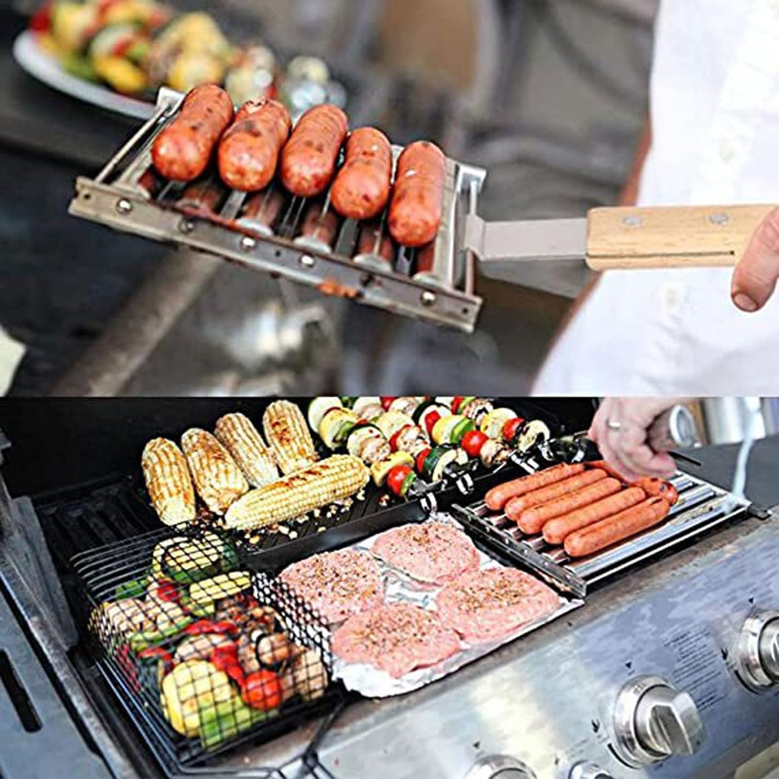 Fdit Hot-Dog-Roller für Mädchen, Abnehmbarer Hot-Dog-Wurstroller aus Edelstahl, Dampfgarer mit Extra Langem Holzgriff, BBQ-Hot-Dog-Roller für Gleichmäßiges Garen (L)