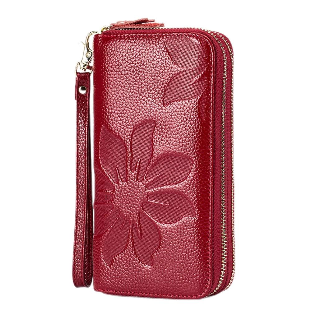 SWP RFID Blocking Women’s Leather Wallet, Double Zipper Smartphone Pocket, Embossed Flower with Credit Card Holder, Cash Slots Large Capacity Clutch