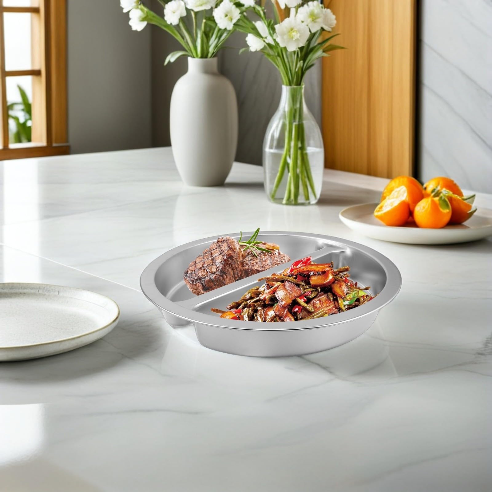 Plato de Buffet Redondo de Acero Inoxidable de 6 L con Doble Compartimento, Diseño Higiénico y Elegante para Fiestas y Hoteles Profesionales