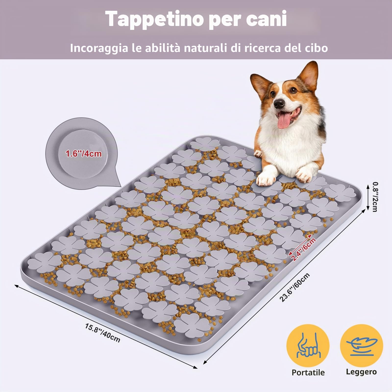 24''x16'' silicone tappetino interattivo per cani/gatti alimentazione lenta, favorisce la ricerca naturale del cibo, allenamento degli odori e mangiare lentamente (grigio)