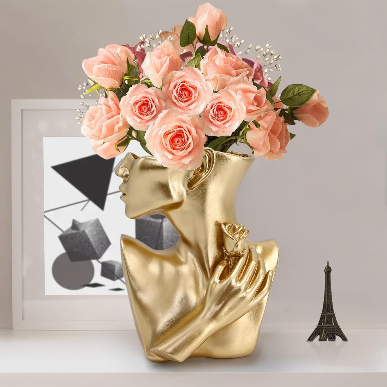 Jarrones dorados para centros de mesa, decoración estética del hogar, sala de estar, decoración de ramo, maceta, mesa de café, oficina, estatua de mujer, regalo para mamá, madre, hermana