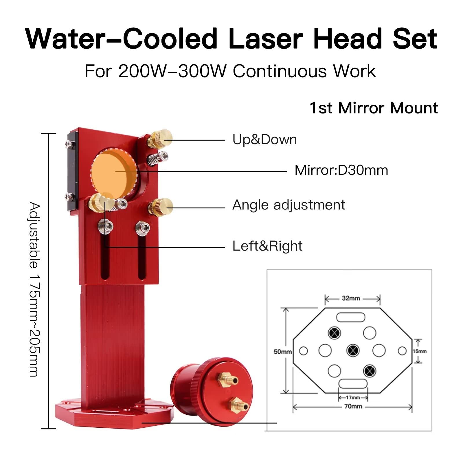 Rosso Set di Testine Laser CO2 Raffreddate ad Acqua Con 1 PZ Lente di Messa A Fuoco Dia.25mm FL50.8mm e 3 PZ Cu/Specchio di Rame Dia.30mm per Laser Engraver Cutter Macchina