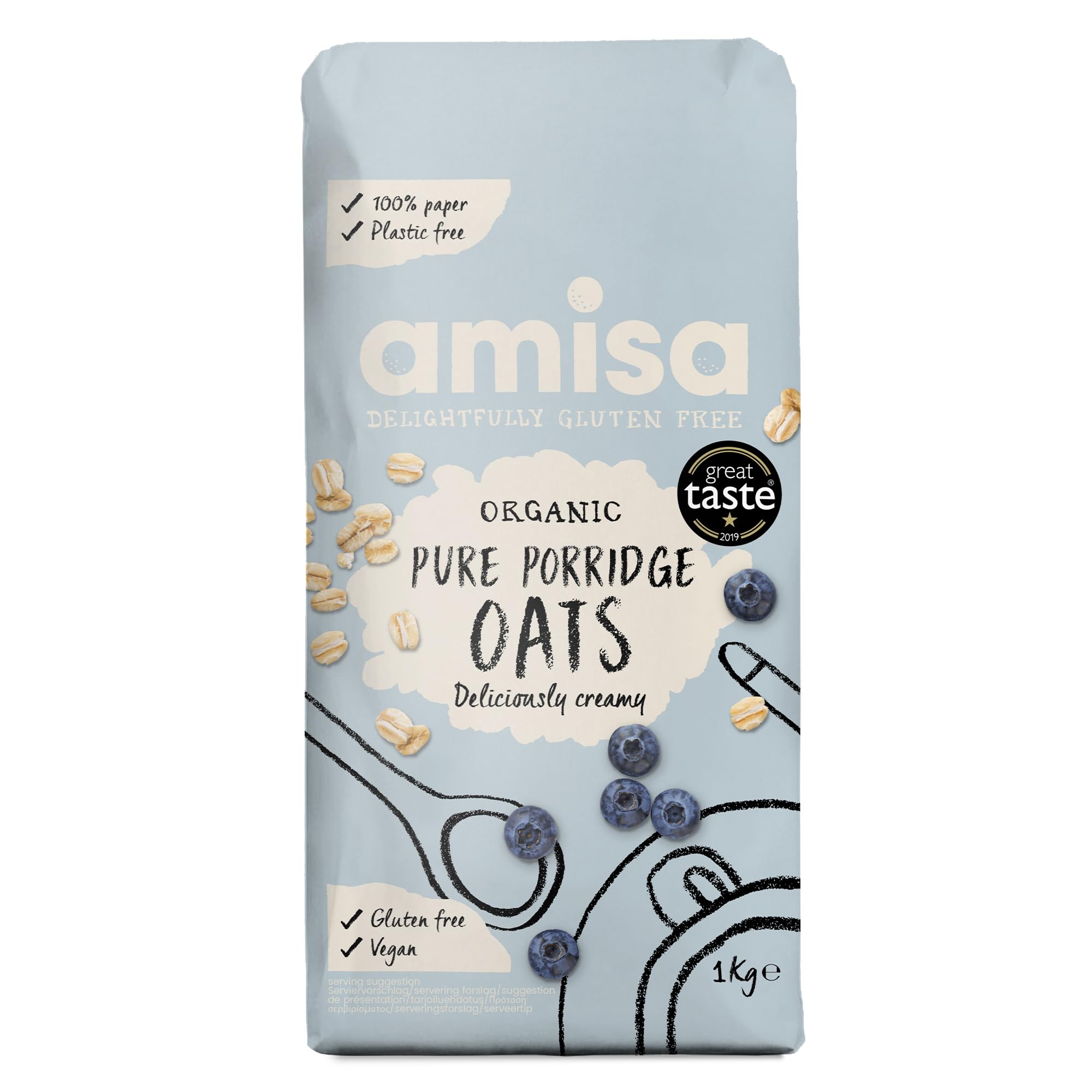 Amisa Organic Gluten-Free Porridge Oats, 1kg - Batch Tested, High Fibre, 100% Recyclable Paper Packaging - Ideal for Breakfast, Cooking & Baking , Pack of 1