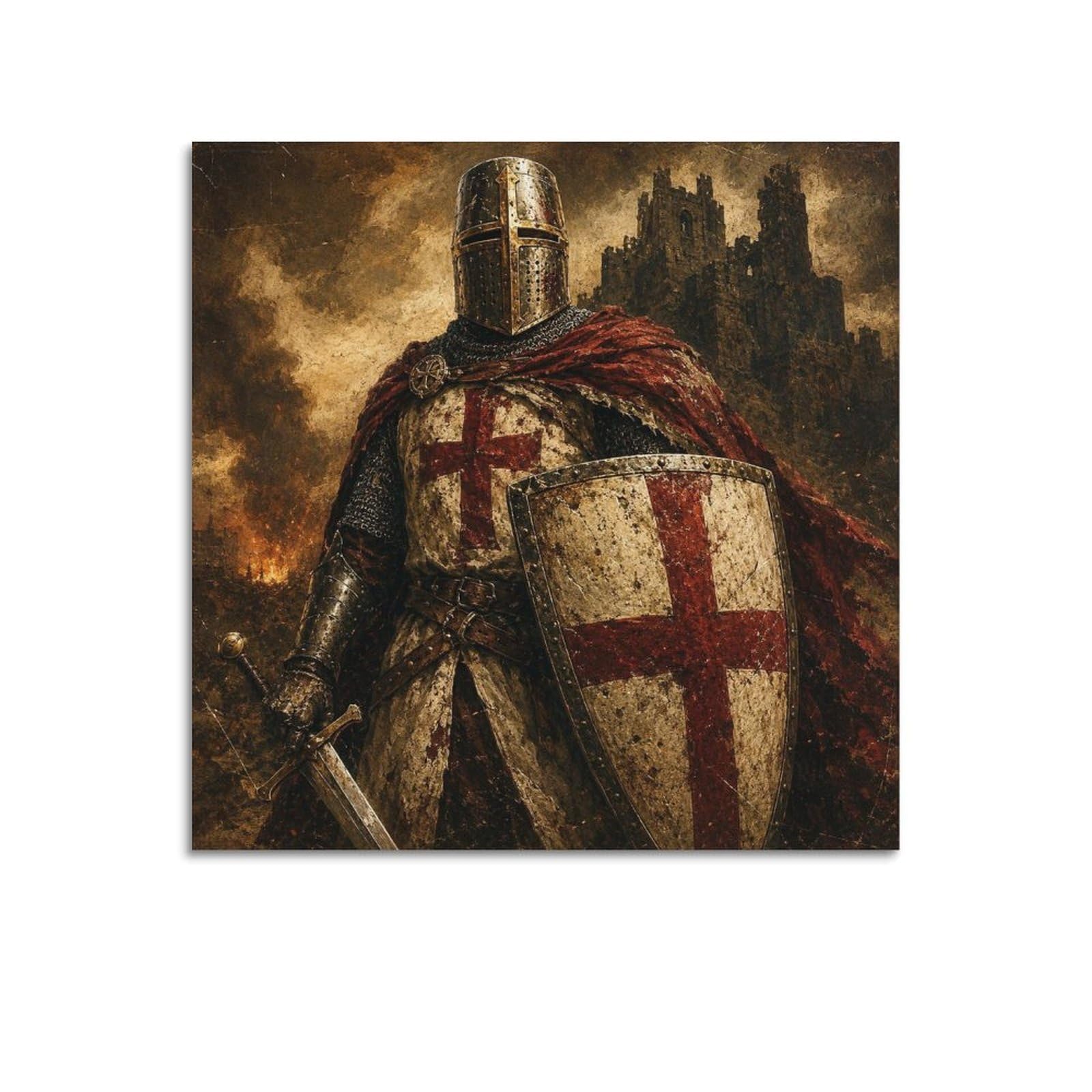 XKUGA Templar Knight Retro Gothic Poster Fortress Medieval Armor Modern Decorative Canvas Prints - Ideal Wall Art for Family, Man Cave, Game Room, Boys & Girls Bedroom 12x12inch(30x30cm)