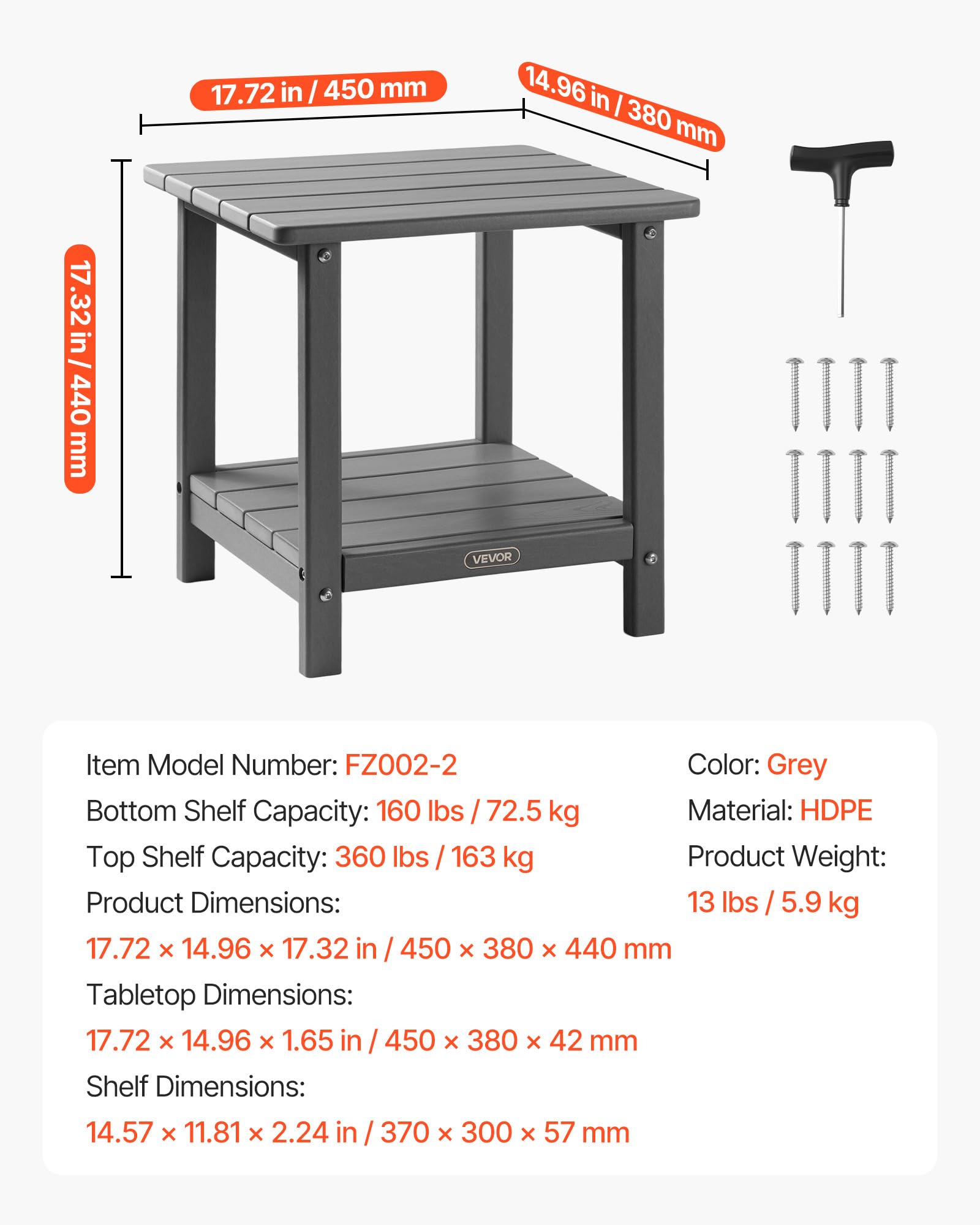 VEVOR Table d'Appoint Extérieur Jardin, 2 Niveaux, 45 x 38 x 44 cm, en PEHD, Entretien Facile, Résiste aux Intempéries, pour Terrasse, Bord de Piscine, Plage, Porche, Patio, Balcon, Intérieur, Gris