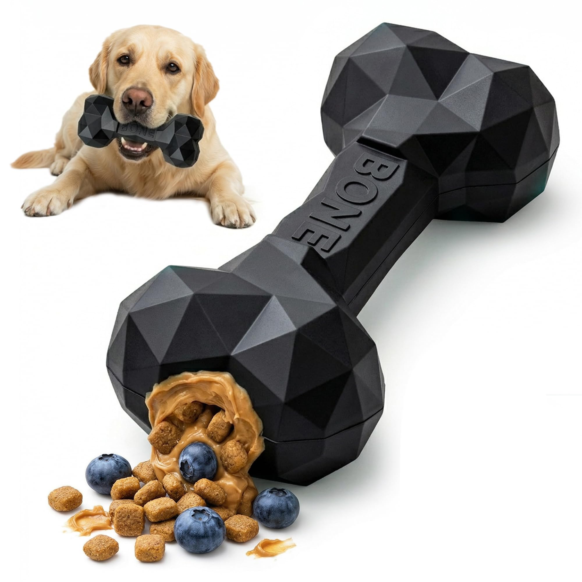 WildPaw ChewBit Durable Dog Chew Toy for Aggressive Chewers, Non-Toxic, BPA-Free, Natural Rubber Bone, Treat Stuffing Dispensing Toy, Boredom and Anxiety Relief for Large & Medium Dogs (Black, Medium)