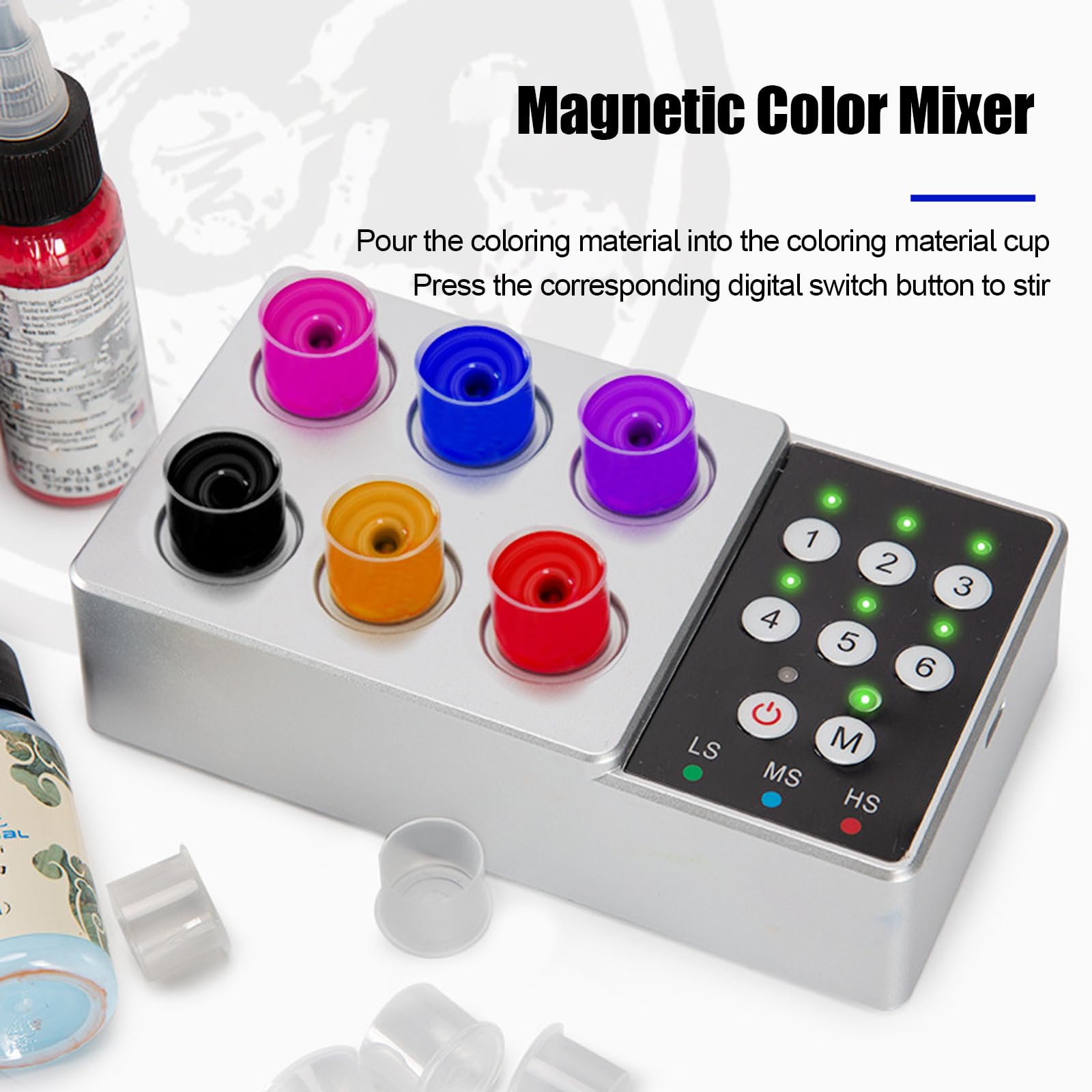 Mélangeur d'encre de tatouage, 2500 mAh, agitateur magnétique, 3 vitesses réglables, mélangeur vortex à 6 trous pour artistes, débutants, laboratoires, salons de manucure