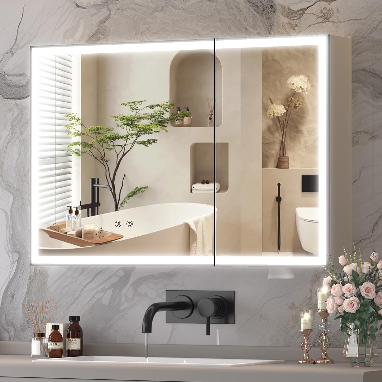 Buildonely Armario de baño con espejo con iluminación LED, armario de baño con función antivaho y puertas, control táctil, puerta doble, 90 x 60 cm, aleación de aluminio