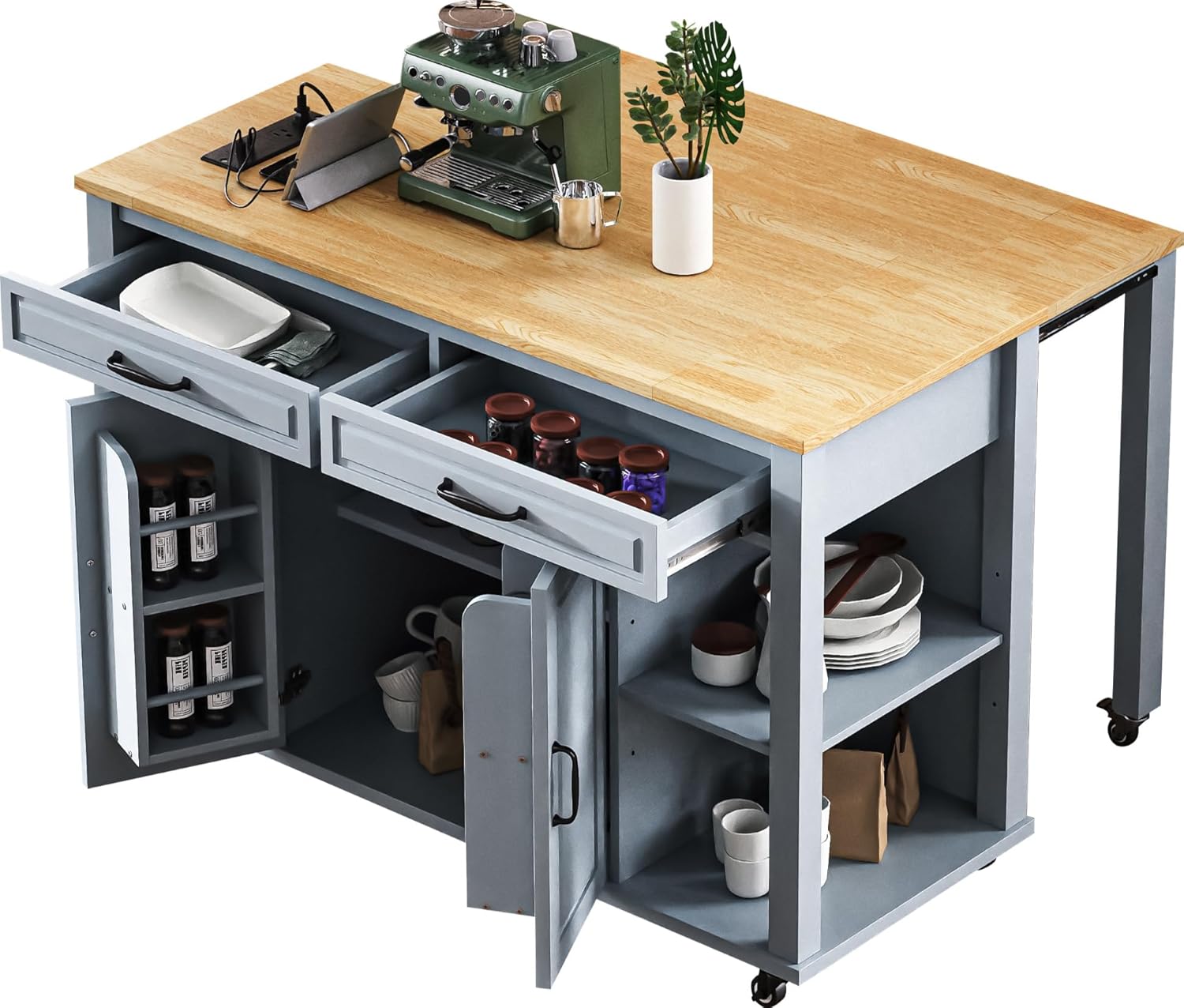 47 inch Kitchen Island with Extendable Dining Table, Rubber Wood Veneer Kitchen Table with Internal Storage Rack, Power Outlet, Kitchen Island with Storage 2 Drawers 2 Cabinet, Grey Blue