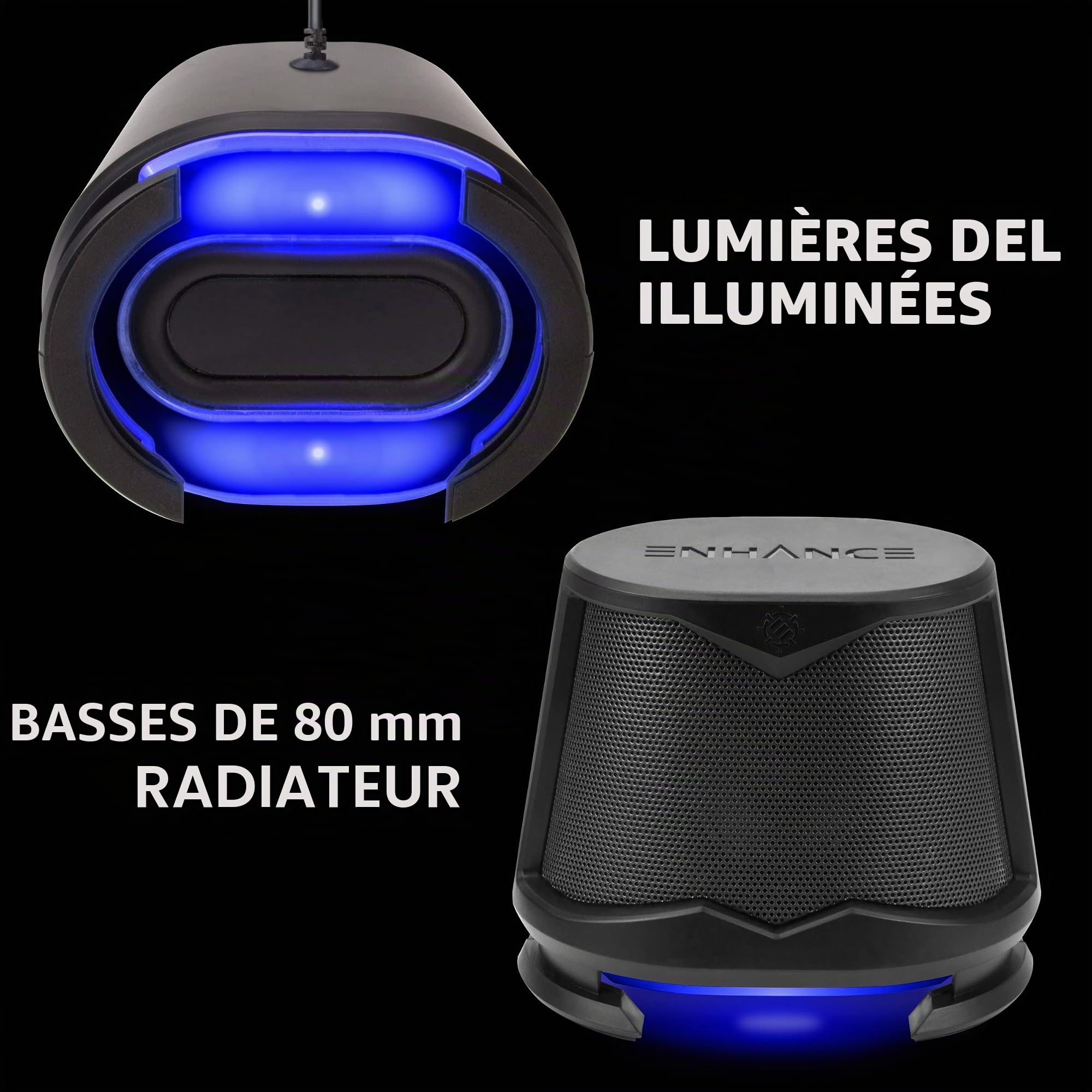 ENHANCE SB2 Haut-parleurs pour PC avec lumières LED Bleues et Design alimenté par USB 2.0 – Son de crête de 10 W, Connexion Filaire de 3,5 mm, contrôle du Volume en Ligne – Compatible avec Ordinateur