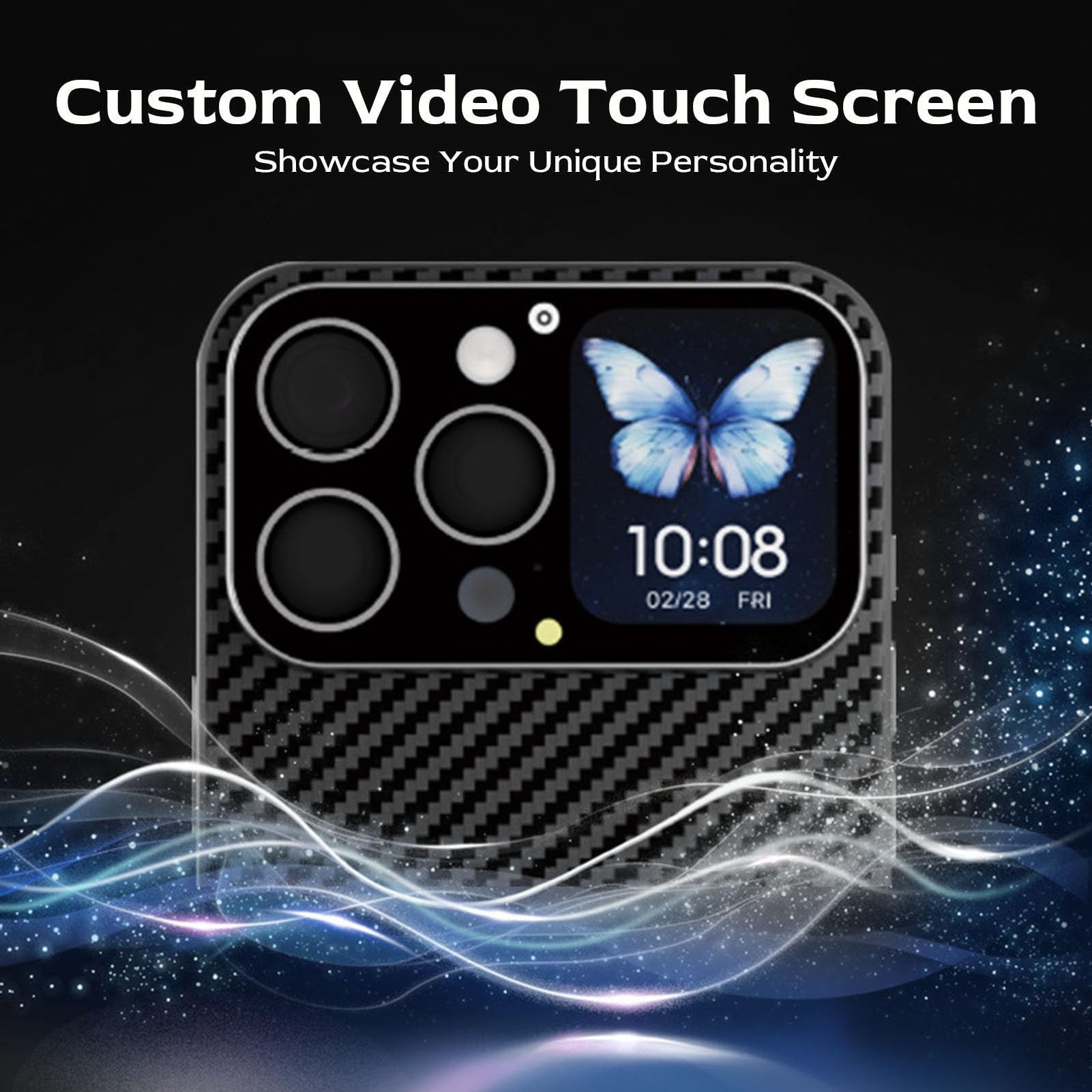 Funda para Teléfono con Pantalla Táctil de 1,71 Pulgadas, Cubierta Magnética de Fibra de Carbono, con Notificaciones de Mensajes y Control de Música