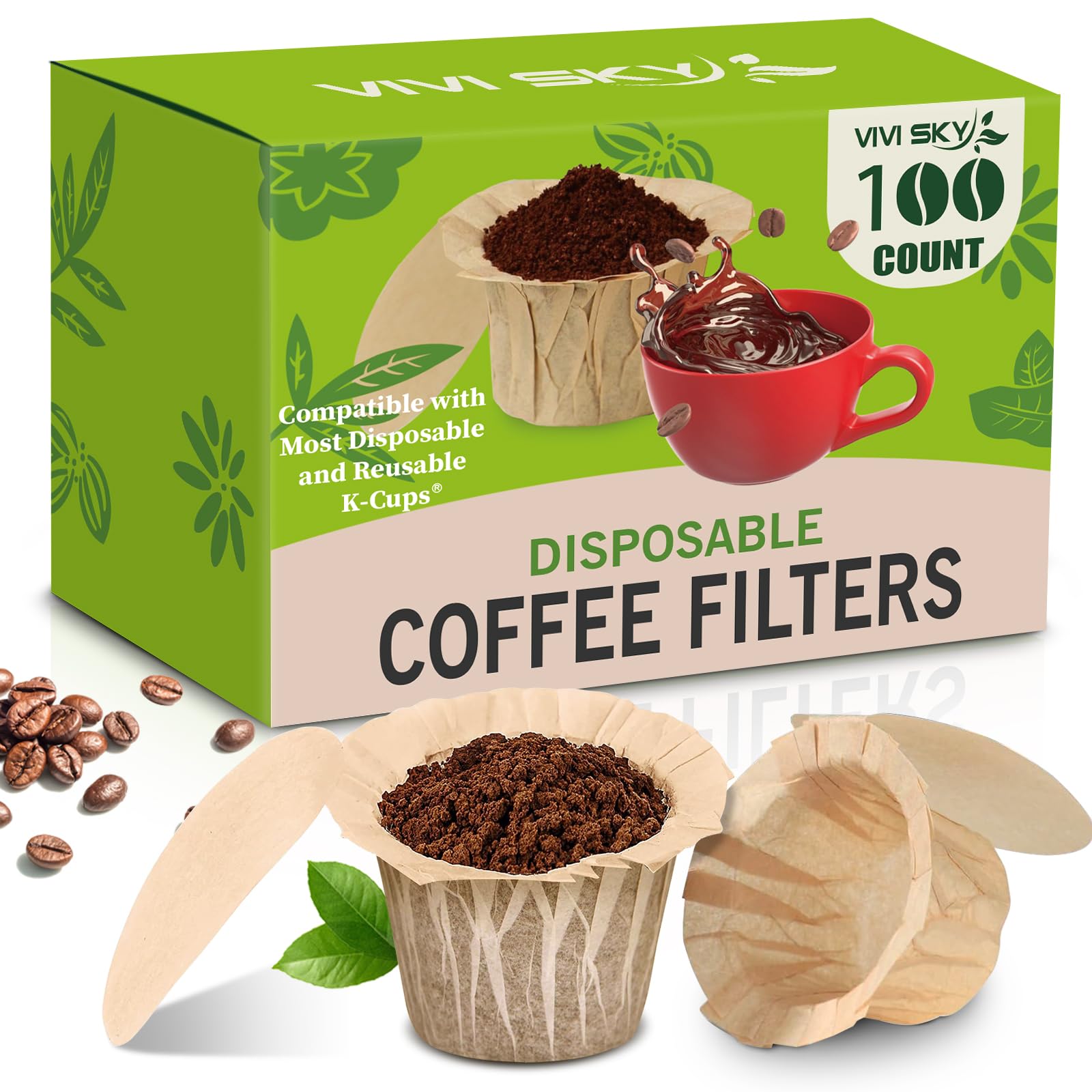 VIVI SKY K Cup Filters Disposable with Lid, 100 Count Coffee Filters K Cup Paper Filters for Keurg Brewers Single Serve 1.0 and 2.0 Reusable K Cup Coffee Pods(Natural with Lid, 100)