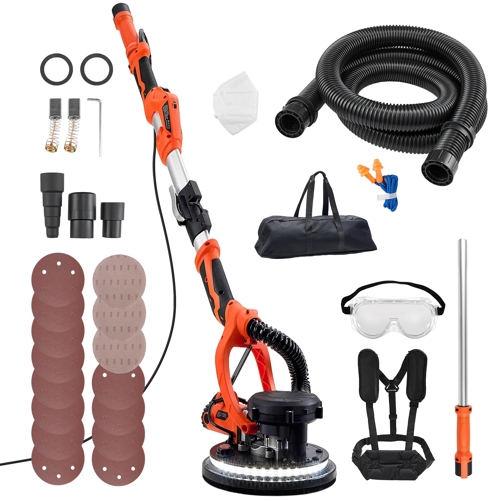 VEVOR Lijadora de Pared y Techo 1150W, Lijadora Jirafa, 5 Velocidades 800-1700 RPM, Tubo Telescópico 1,4-1,8 m, Aspiradora LED Integrados, 15 Hojas de Papel de Lija, Pulidora para Pared de Yeso Gotelé