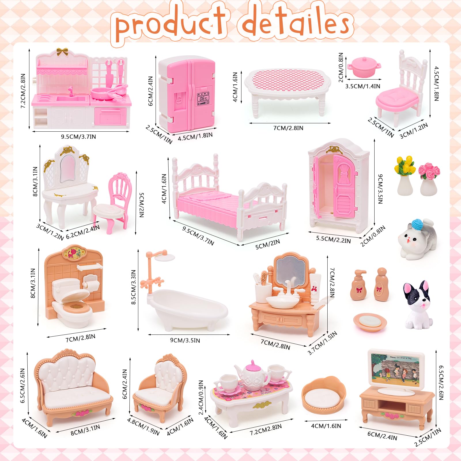 Casa de muñecas Mini muebles de 45 piezas de muebles de casa de muñecas, accesorios de juego de simulación, dormitorio, sala de estar, baño, cocina para niños, cumpleaños y Navidad, colores 4