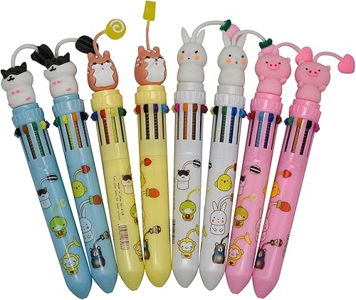 Miniatura 1 de Maydahui 8 bolígrafos 10 en 1, retráctiles, multicolor, 10 colores, con diseño de animales de dibujos animados, conejo, cerdo, hámster, gato, estilo
