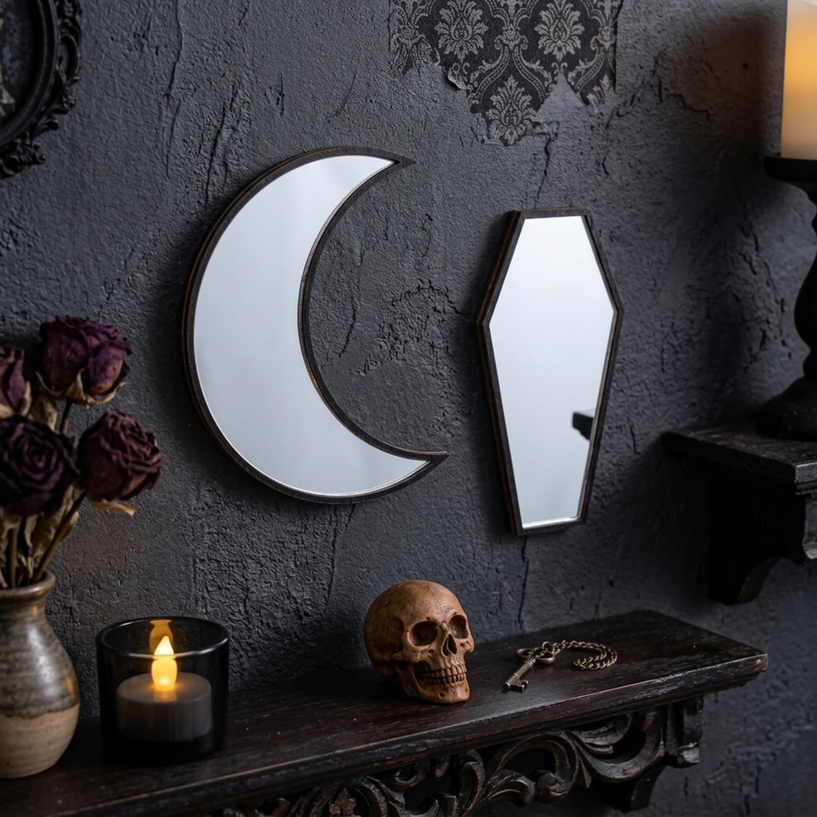 Marsui 2 Pcs Halloween Tiny Gothic Mirror, Coffin, Moon, 5.9 Inch