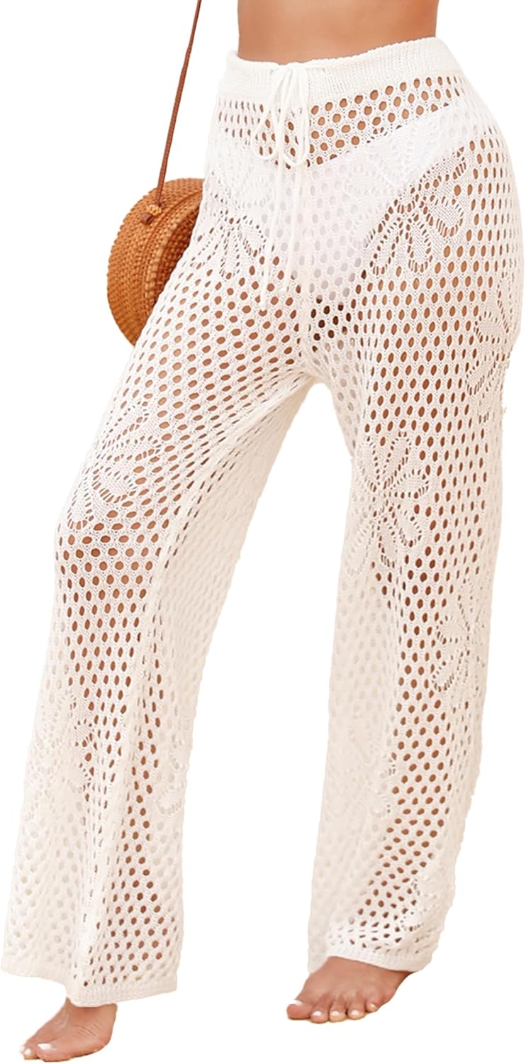 FEOYA Women’s Crochet Swimsuit Cover Up Pants Knitted Sheer High Waist Pants with Drawstring