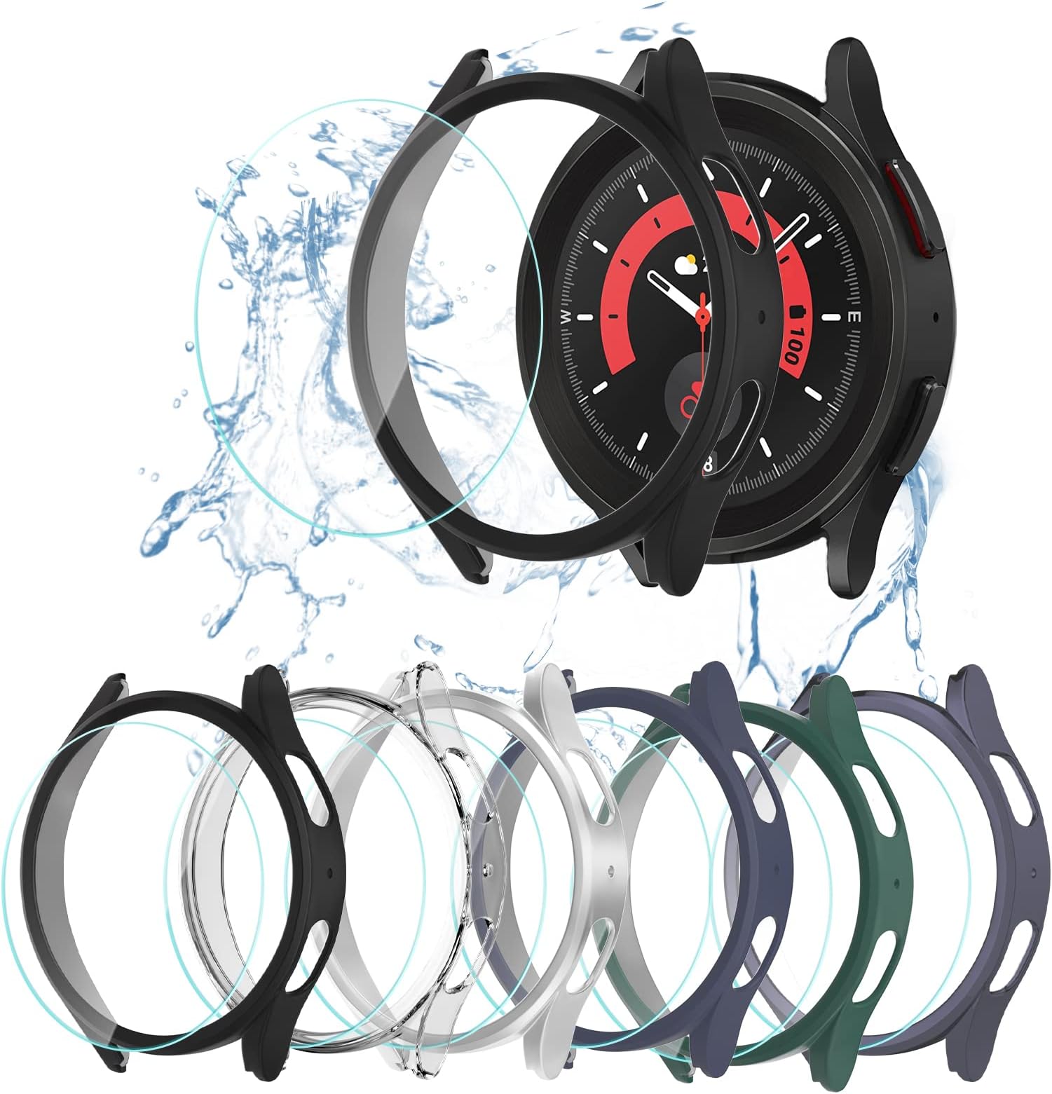 [6+6Pack] Case and Screen Protector for Samsung Galaxy Watch 5 pro 45mm, Bubble Free Tempered Glass Screen Protector + Waterproof Matte Hard PC Bumper Full Protective Cover