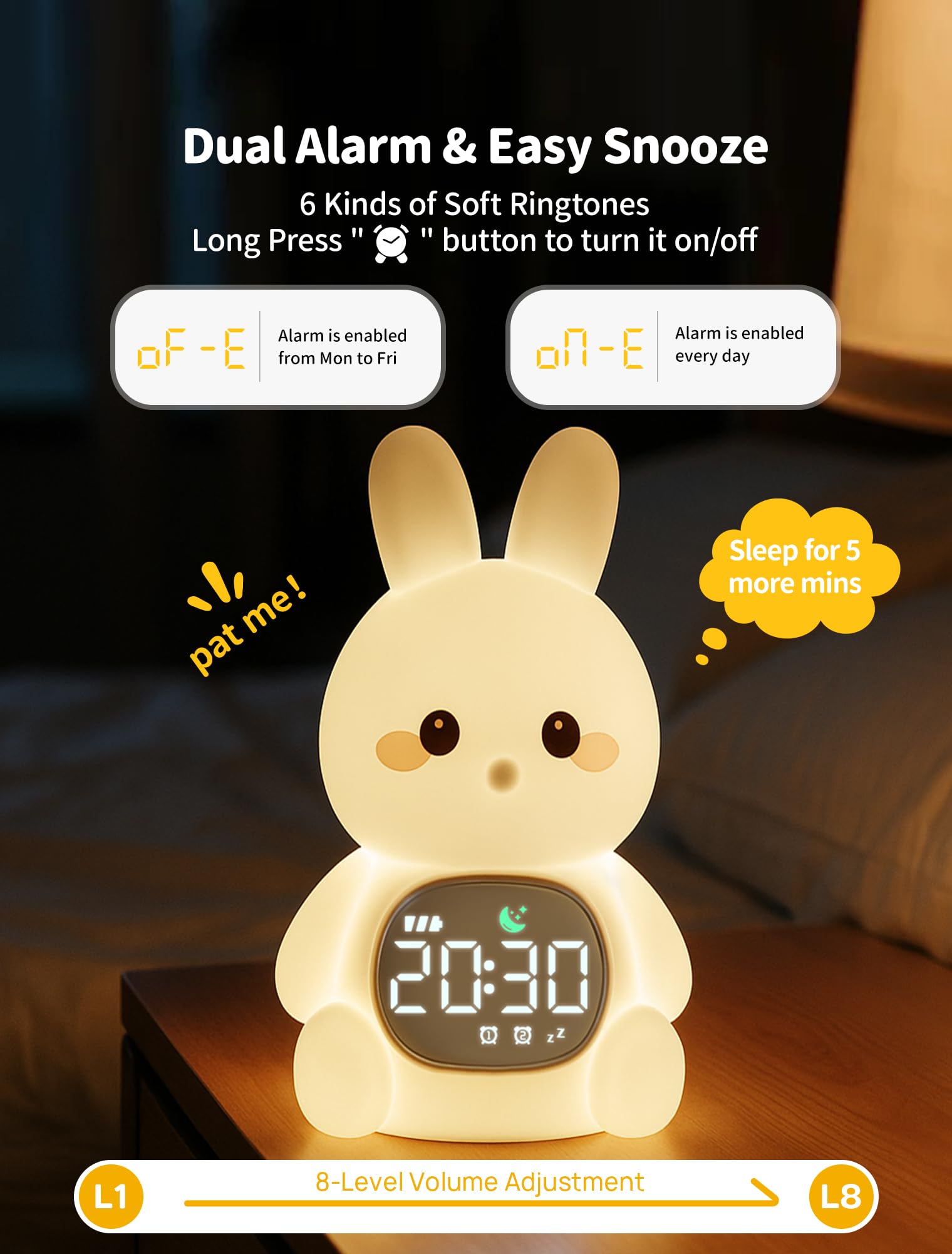 MASHI Reloj despertador de conejo, reloj de entrenamiento para dormir con sol y luna, máquina de sonido para dormir, luces nocturnas, reloj despertador para niños, ideas para niños