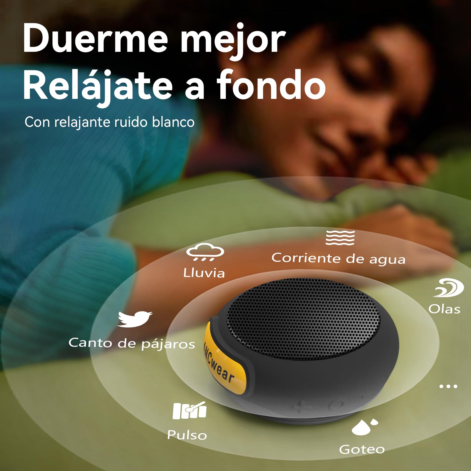 ANCwear Altavoz Bluetooth 5.3 Mini con Clip y Muñequera, Resistencia IPX6, 17 Sonidos de Ruido Blanco, 9,5 h para Baño, Deporte, Bici y Viaje