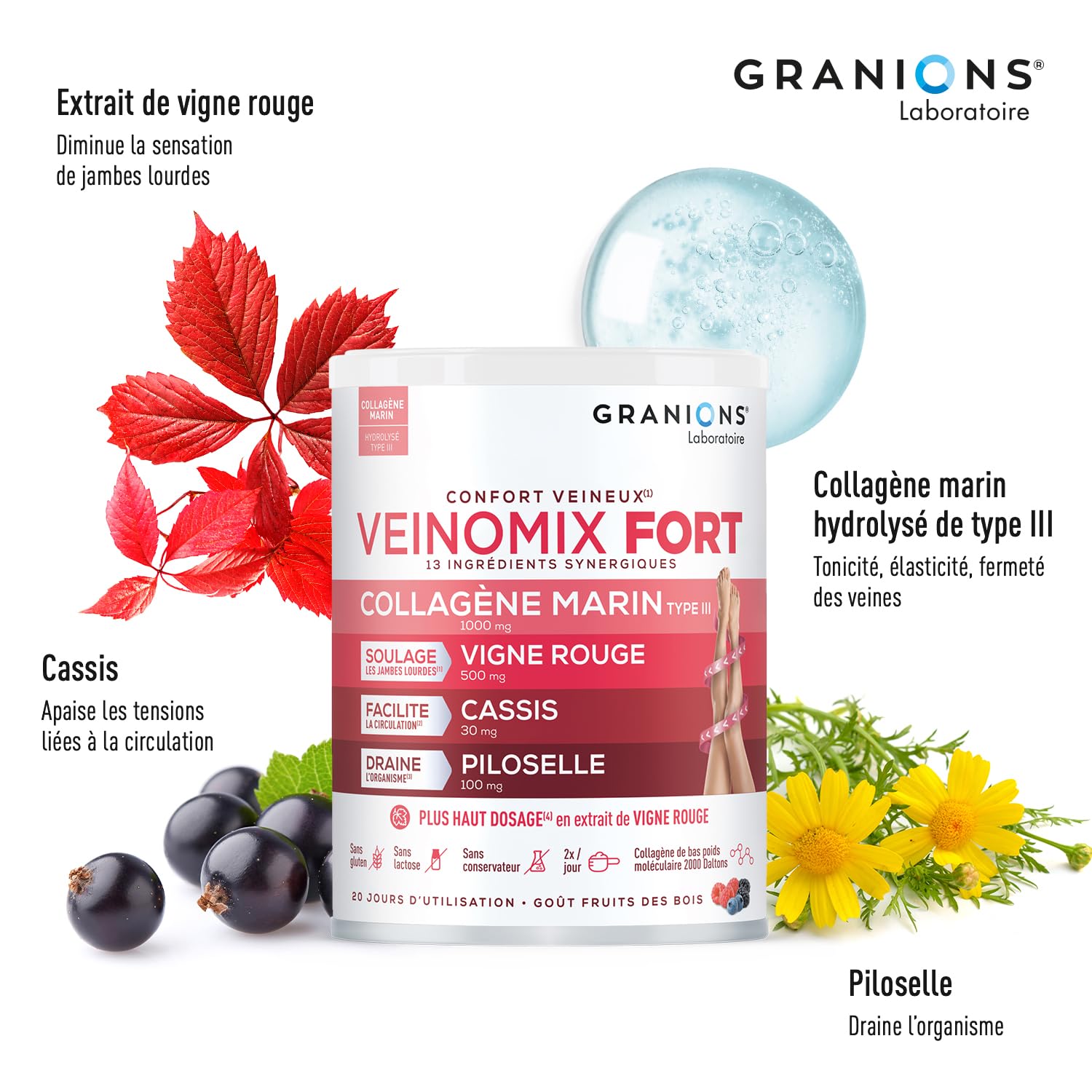 GRANIONS VEINOMIX FORT - 200g Poudre à Diluer Contre la Retention d'Eau et Les Jambes Lourdes - Vigne Rouge Circulation - Circulation Sanguine Jambes - Retention d'Eau - Vigne rouge | 200 g