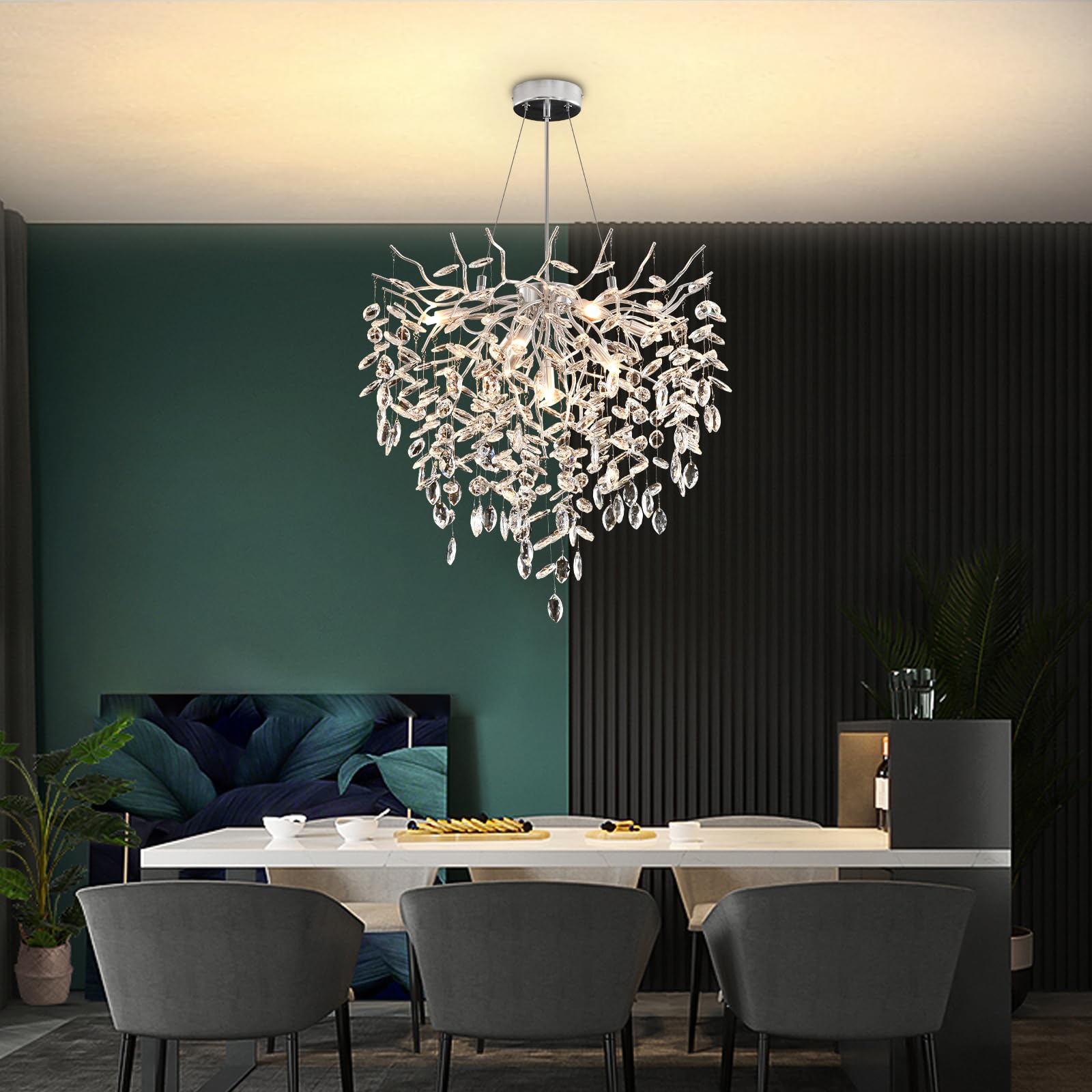 Lusso Lampadario di Cristallo, Argento Lampada a Sospensione di Cristallo a Forma di Ramo d'albero, Lampadario al Cristallo Luce per Sala da Pranzo, Soggiorno, Camera da Letto