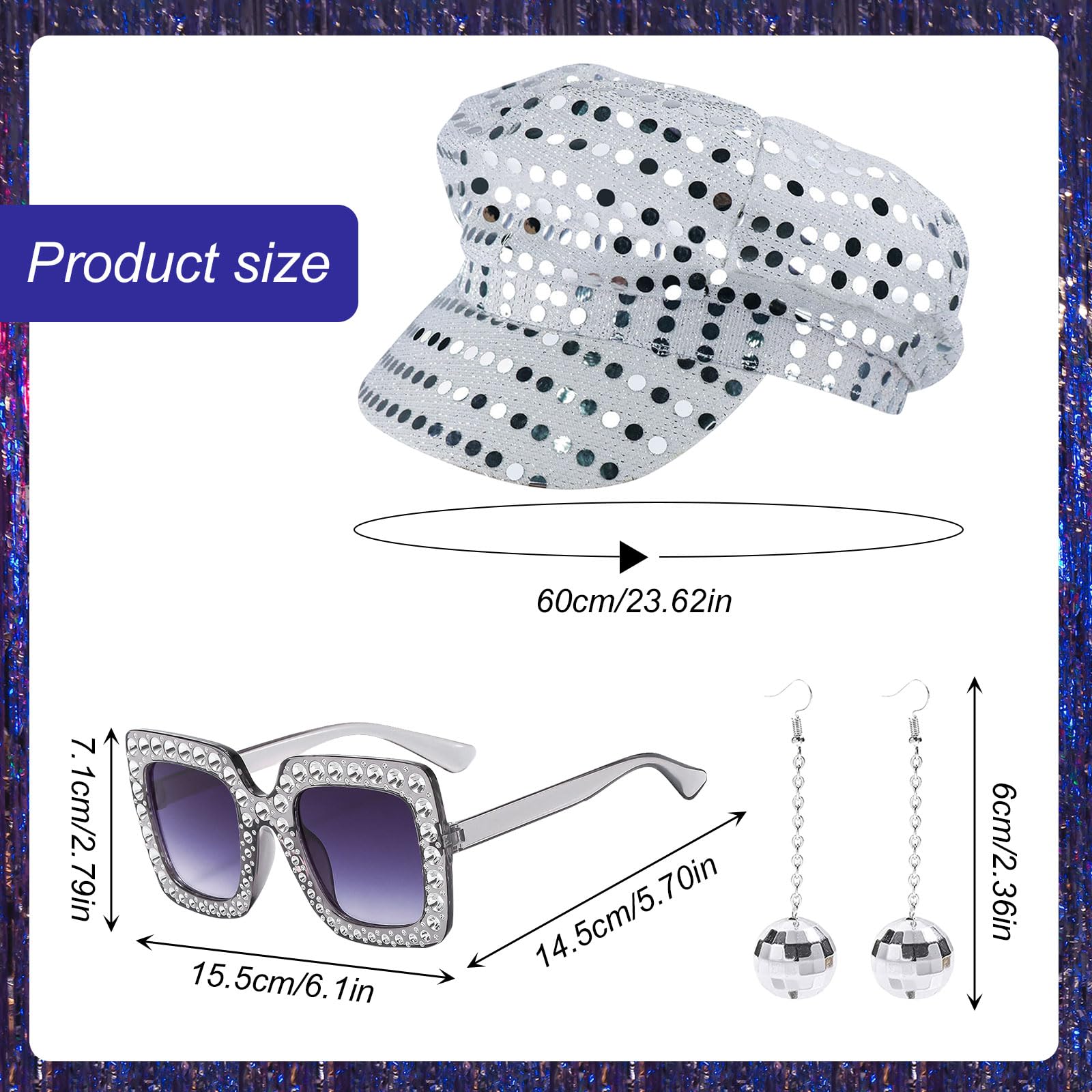EUPSIIU 3 Pieces 70s Silver Disco Hat for Adults Disco Costume with Glitter Abba Sequin Hat Earrings Square Bling Sunglasses Retro Fancy Dress Up for WomenTheme Party (Silver) - Image 2