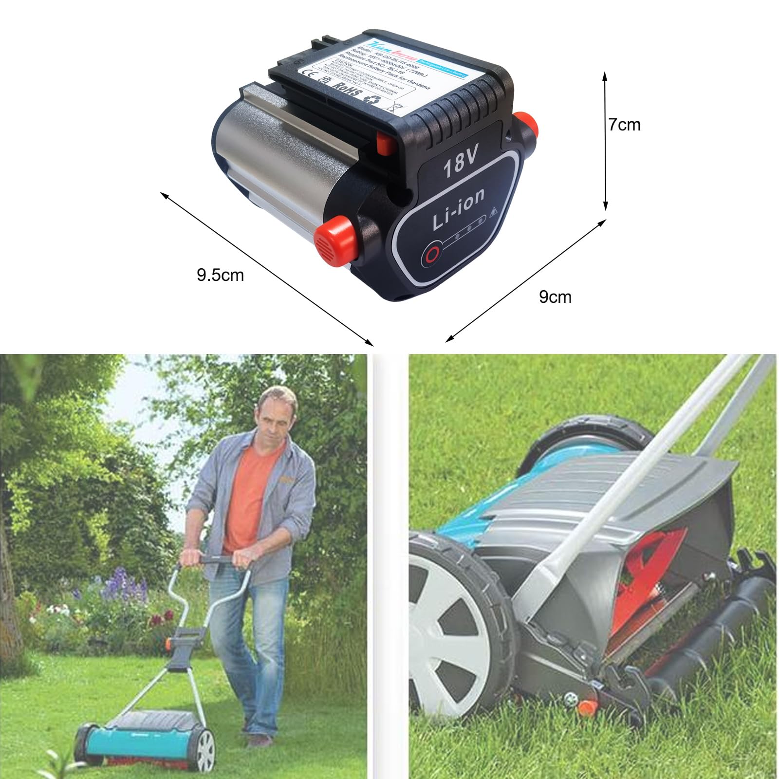 Batteria di ricambio per robot tosaerba Gardena BLi-18 9840-20 9839-20, compatibile con attrezzi Gardena 18 V agli ioni di litio (18 V/72 Wh)