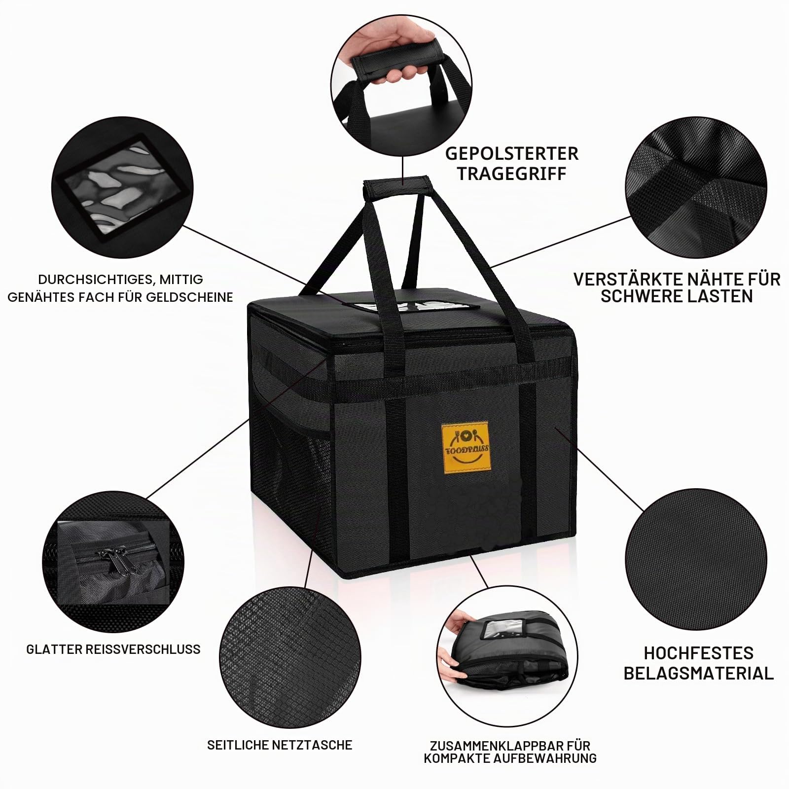 Premium Hot Food Delivery Bag 45L – Pizzaschachteln, Thermobeutel für Uber Eats & Just Eat/Deliveroo – Isolierte Kühlbox für frische Lebensmittel, Einkäufe/Picknick, Schwarz
