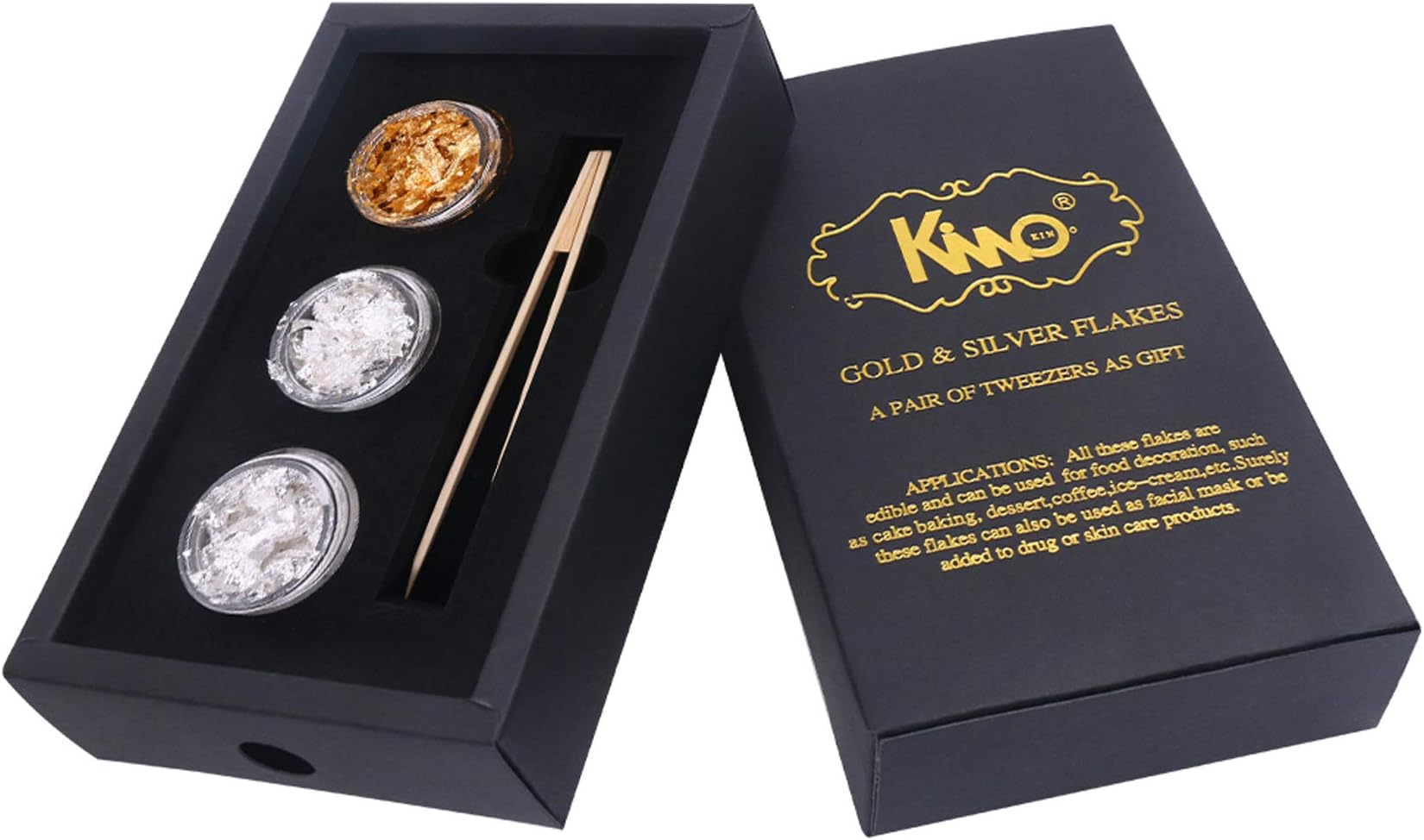 KINNO 24K Edible Gold Leaf Foil Sheets Flakes - Genuine Silver Leaf Foil Flakes-Tweezers Set for for Makeup, Spa, Crafts, Gilding, Art, Bakery and Drink, Cake Baking (2 Pure Sliver + 1 Gold)
