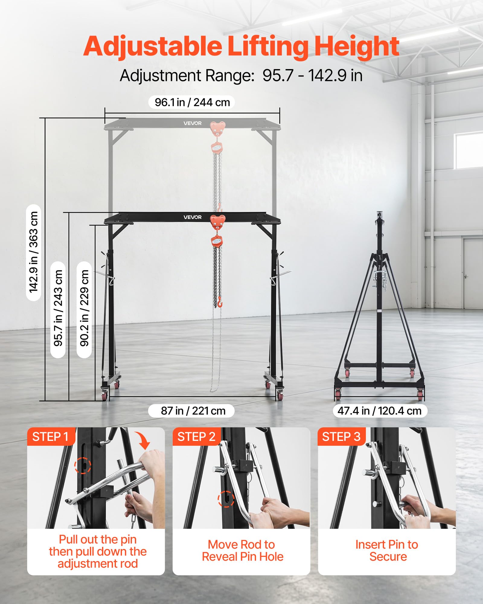 VEVOR Mobiler Portalkran mit 997,9kg Tragkraft, 243-363cm Höhenverstellbarer Ladekran aus Stahl, Werkstattkran mit Manueller Laufkatze Kettenzug & 360° Feststellrollen, Lastkran für Lager Werkstatt