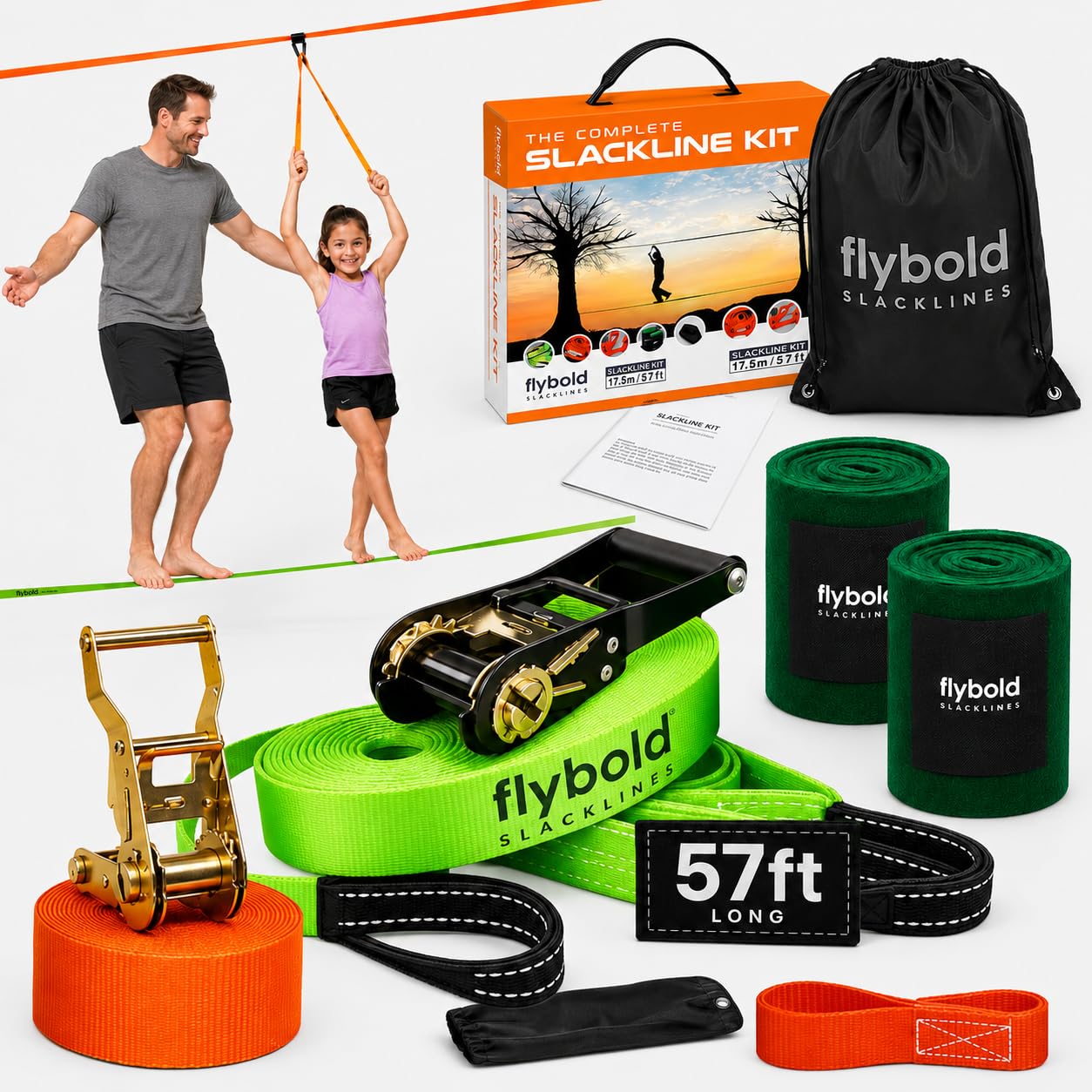 flybold Slackline Kit mit Trainingsleine Baumschutz Ratschenschutz Armtrainer 17,4 m einfache Einrichtung Anleitung (evtl. nicht in deutscher Sprache) und Tragetasche, komplettes Set, Outdoor-Spaß für
