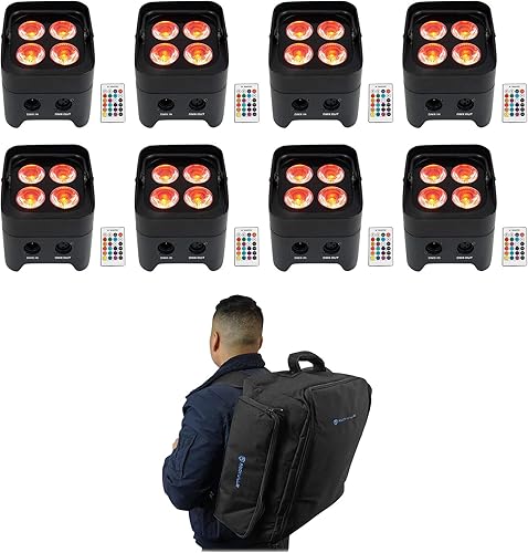(8) Rockville Best PAR 50 pares de luces de lavado recargables con DMX inalámbrico + mochila